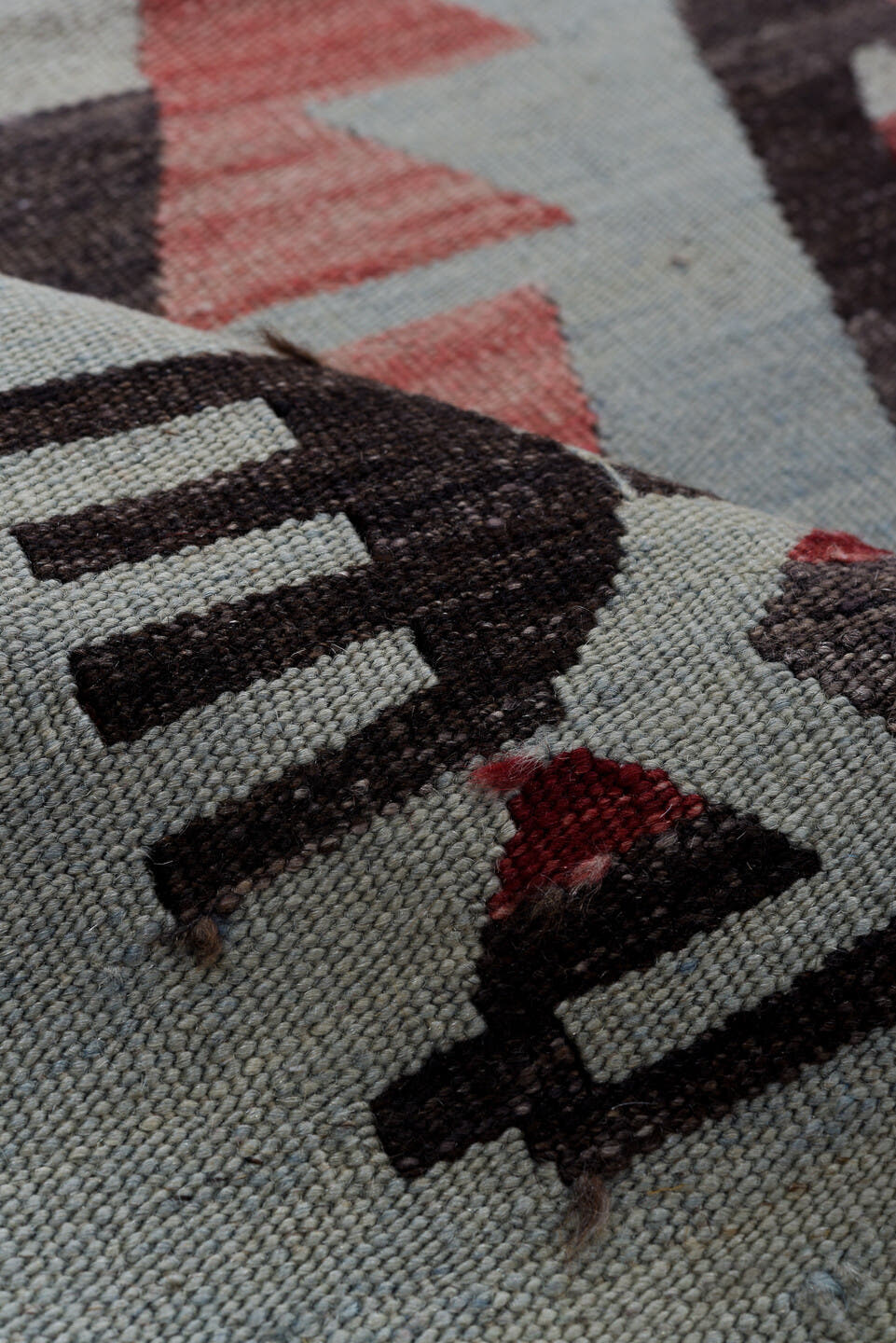 6' x 9' one-of-a-kind handmade antique Kilim medium size rug. Color palette: pale blue, charcoal, rose, ivory, crimson