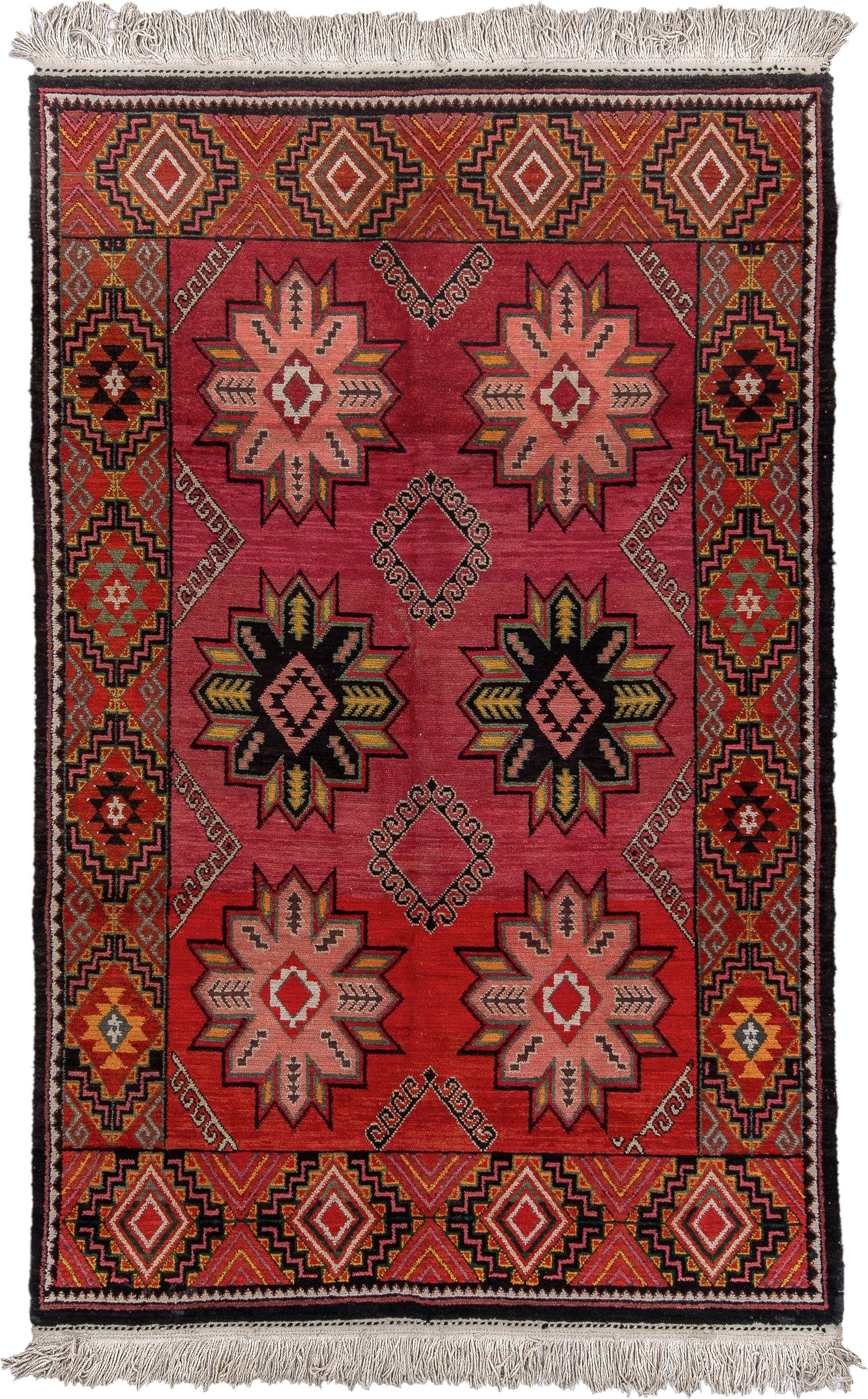 6' x 9' one-of-a-kind handmade antique Kilim medium size rug. Color palette: rose, rust, ivory, charcoal, gold, terra cotta