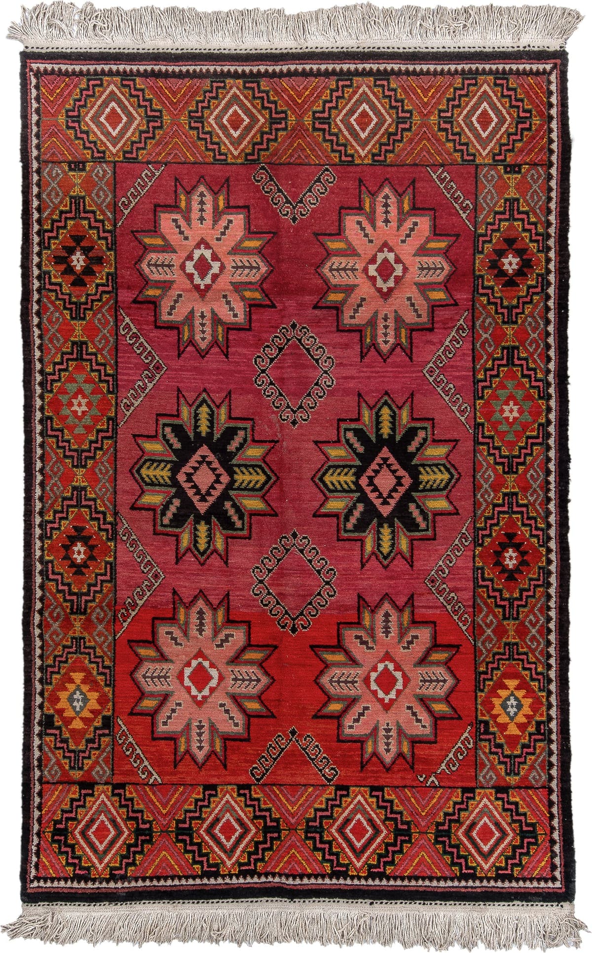 6' x 9' one-of-a-kind handmade antique Kilim medium size rug. Color palette: rose, rust, ivory, charcoal, gold, terra cotta