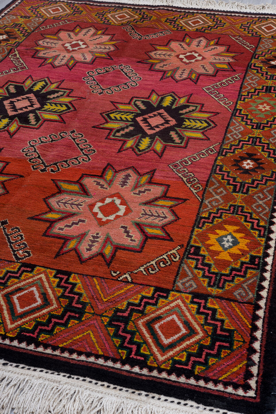 6' x 9' one-of-a-kind handmade antique Kilim medium size rug. Color palette: rose, rust, ivory, charcoal, gold, terra cotta