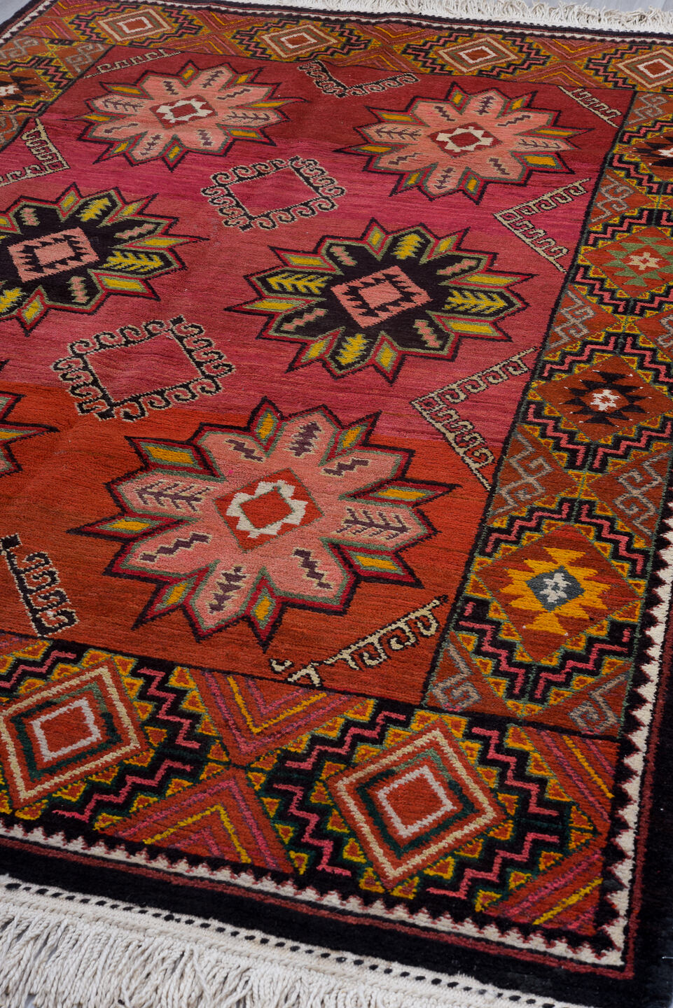 6' x 9' one-of-a-kind handmade antique Kilim medium size rug. Color palette: rose, rust, ivory, charcoal, gold, terra cotta