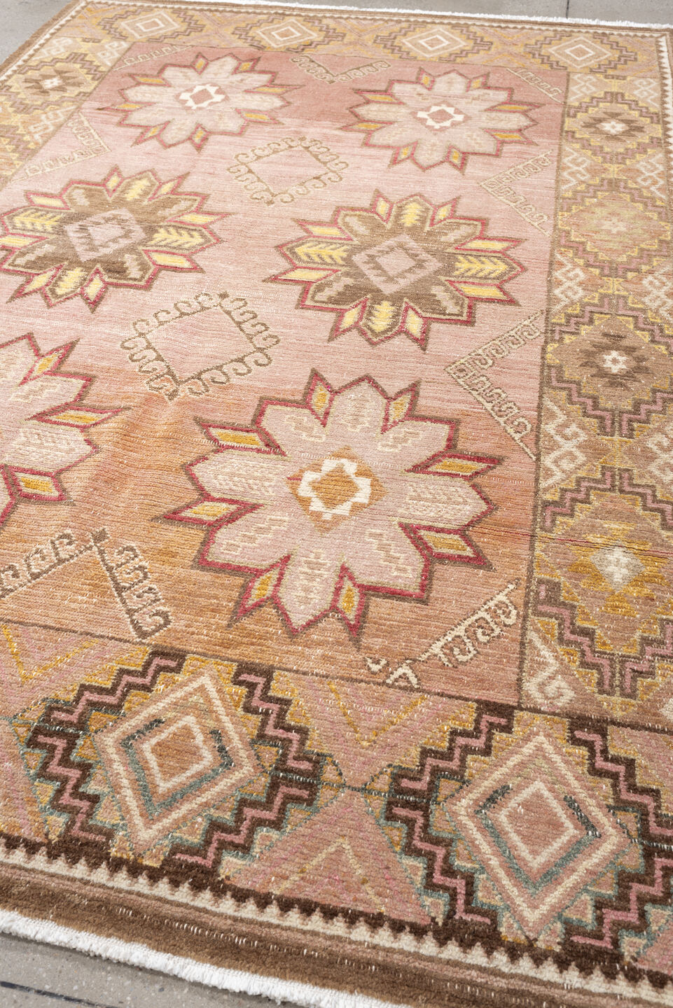 6' x 9' one-of-a-kind handmade antique Kilim medium size rug. Color palette: rose, rust, ivory, charcoal, gold, terra cotta