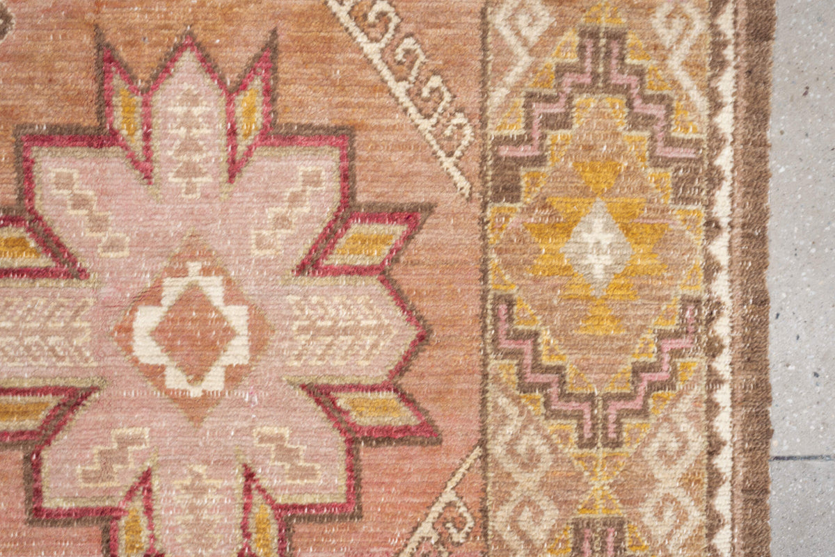 6' x 9' one-of-a-kind handmade antique Kilim medium size rug. Color palette: rose, rust, ivory, charcoal, gold, terra cotta