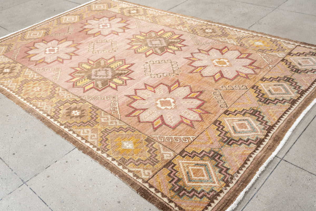 6' x 9' one-of-a-kind handmade antique Kilim medium size rug. Color palette: rose, rust, ivory, charcoal, gold, terra cotta