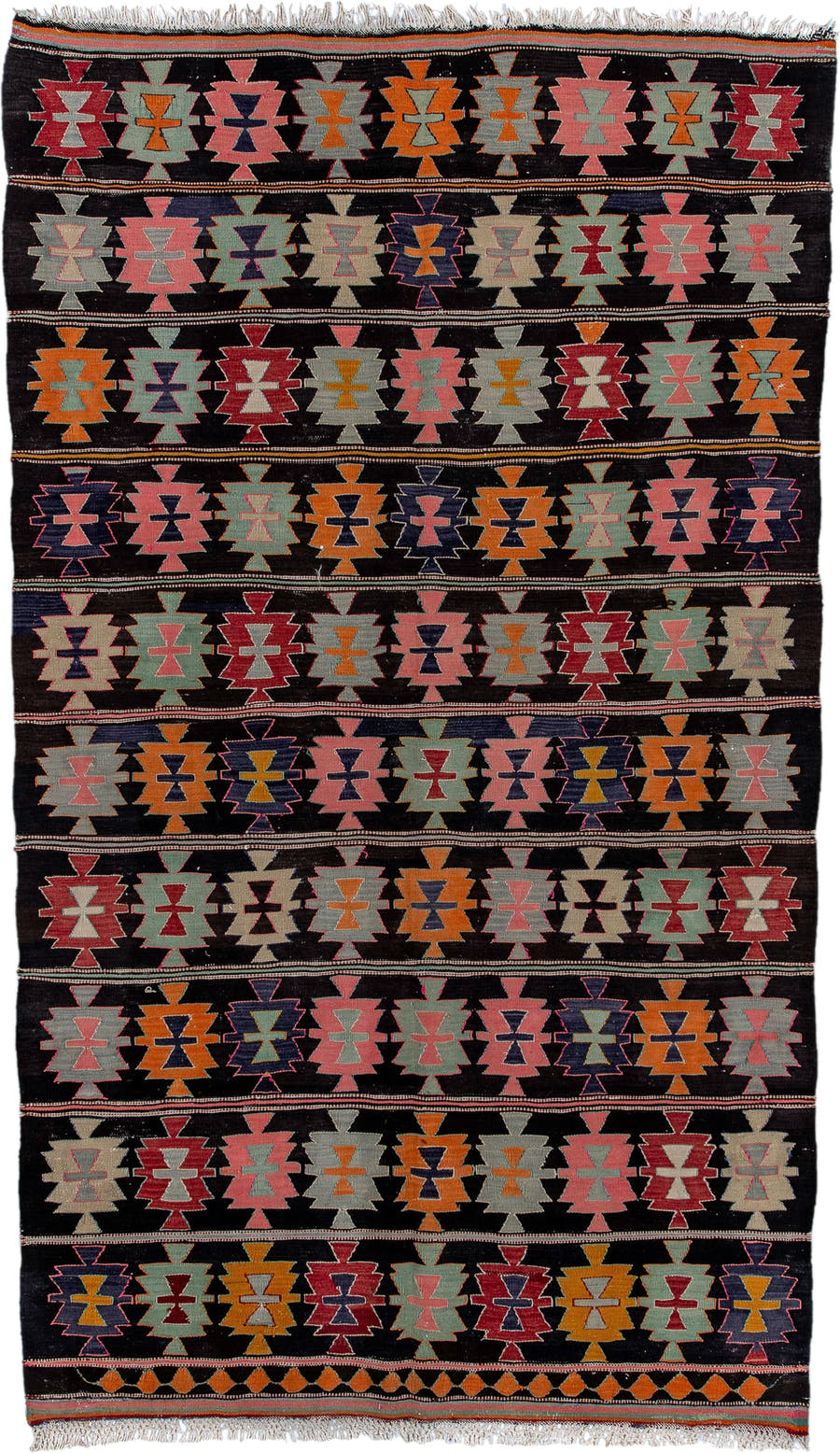 5' x 9' one-of-a-kind handmade antique Kilim medium size rug. Color palette: charcoal, rose, ivory, rust, sage, indigo