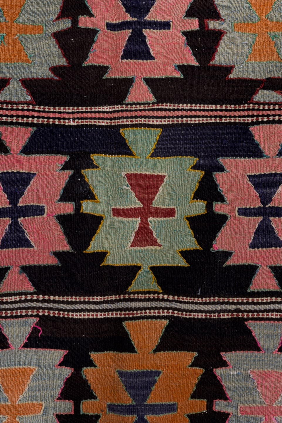 5' x 9' one-of-a-kind handmade antique Kilim medium size rug. Color palette: charcoal, rose, ivory, rust, sage, indigo