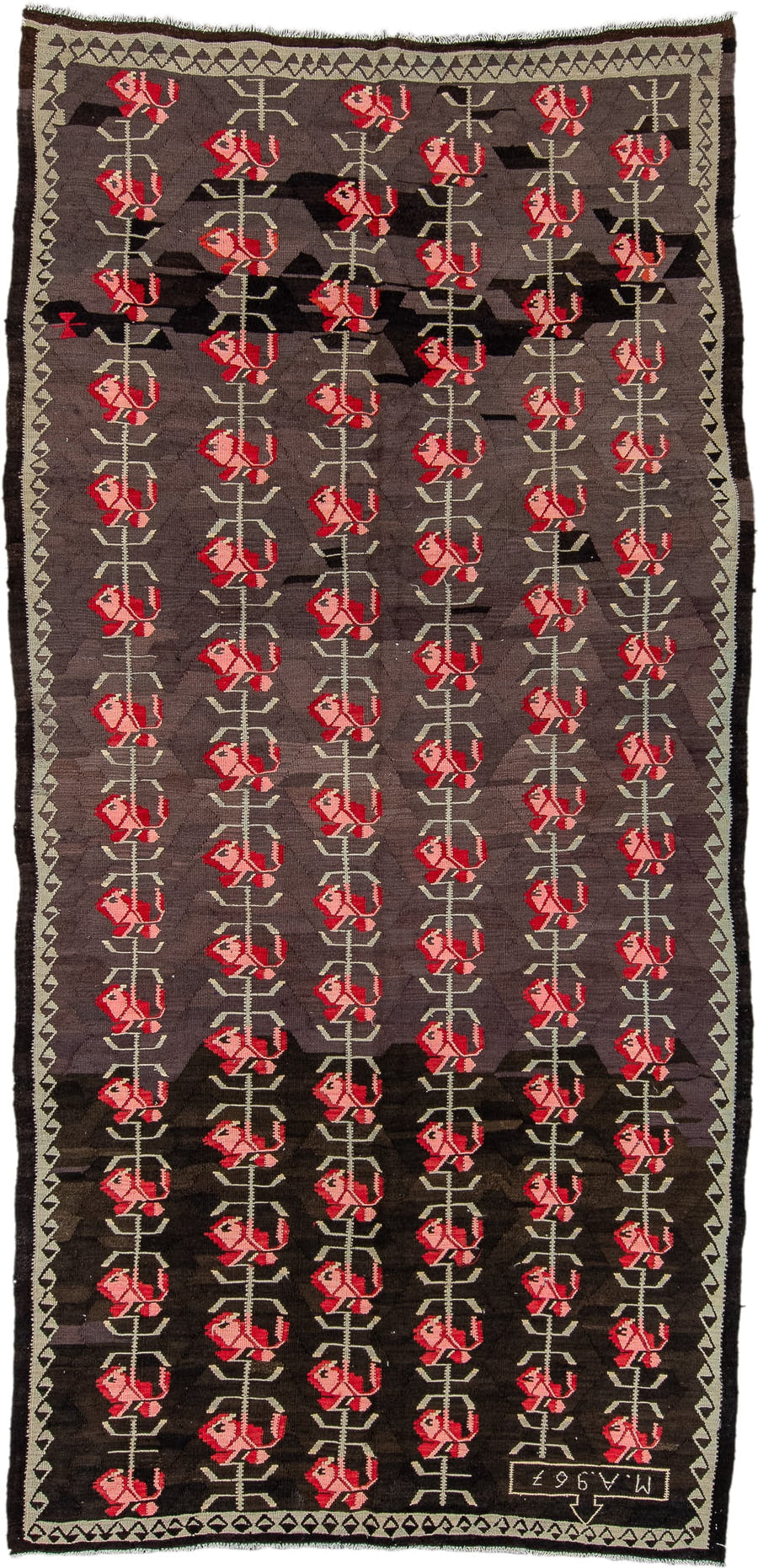 5' x 11' one-of-a-kind handmade antique Besserabian rug. Color palette: charcoal, taupe, crimson, rose, ivory, black, gray