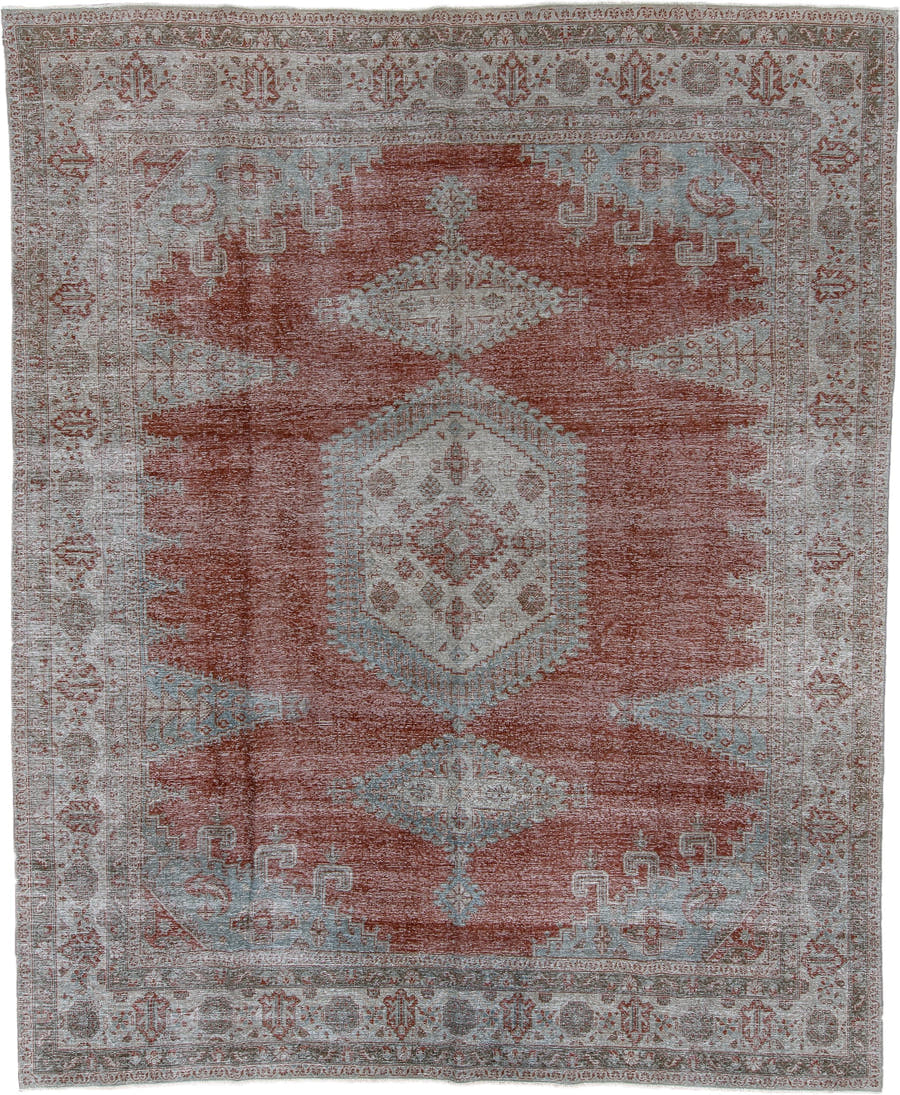 10' x 12' one-of-a-kind handmade antique Veece large size rug. Color palette: terra cotta, ivory, pale blue, taupe, rust
