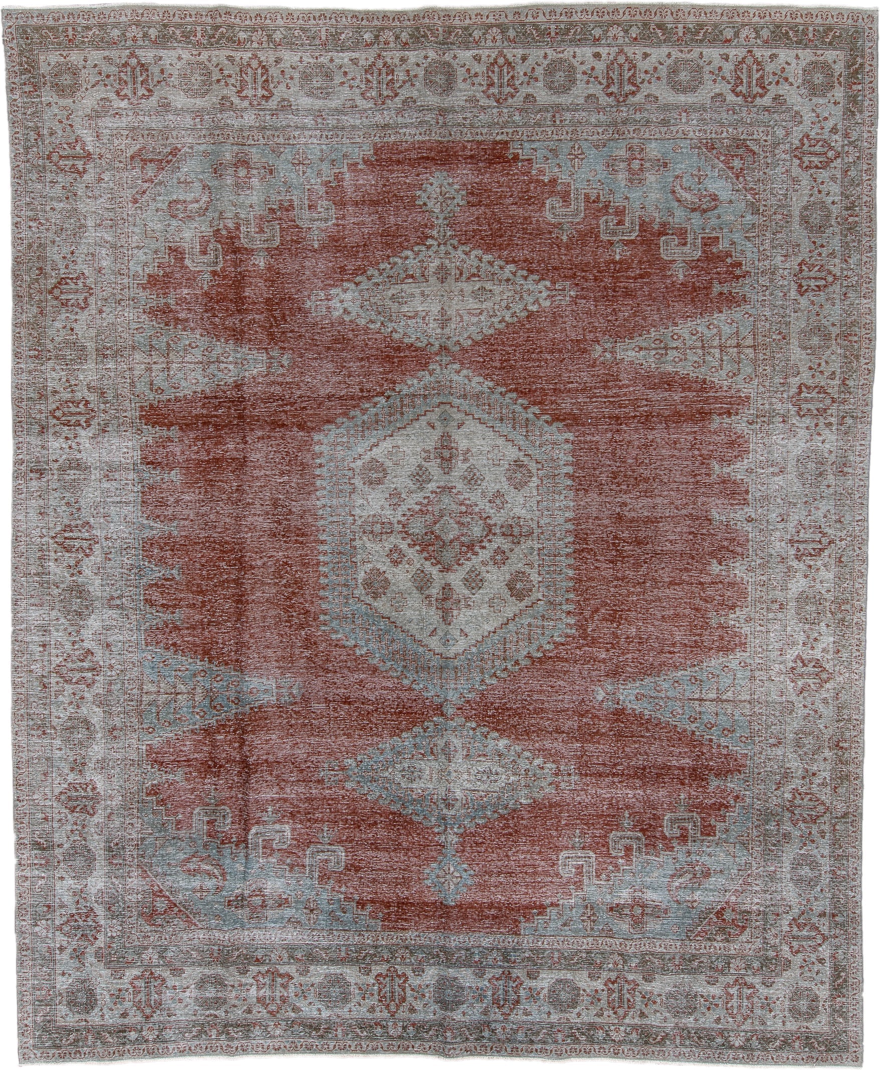 10' x 12' one-of-a-kind handmade antique Veece large size rug. Color palette: terra cotta, ivory, pale blue, taupe, rust