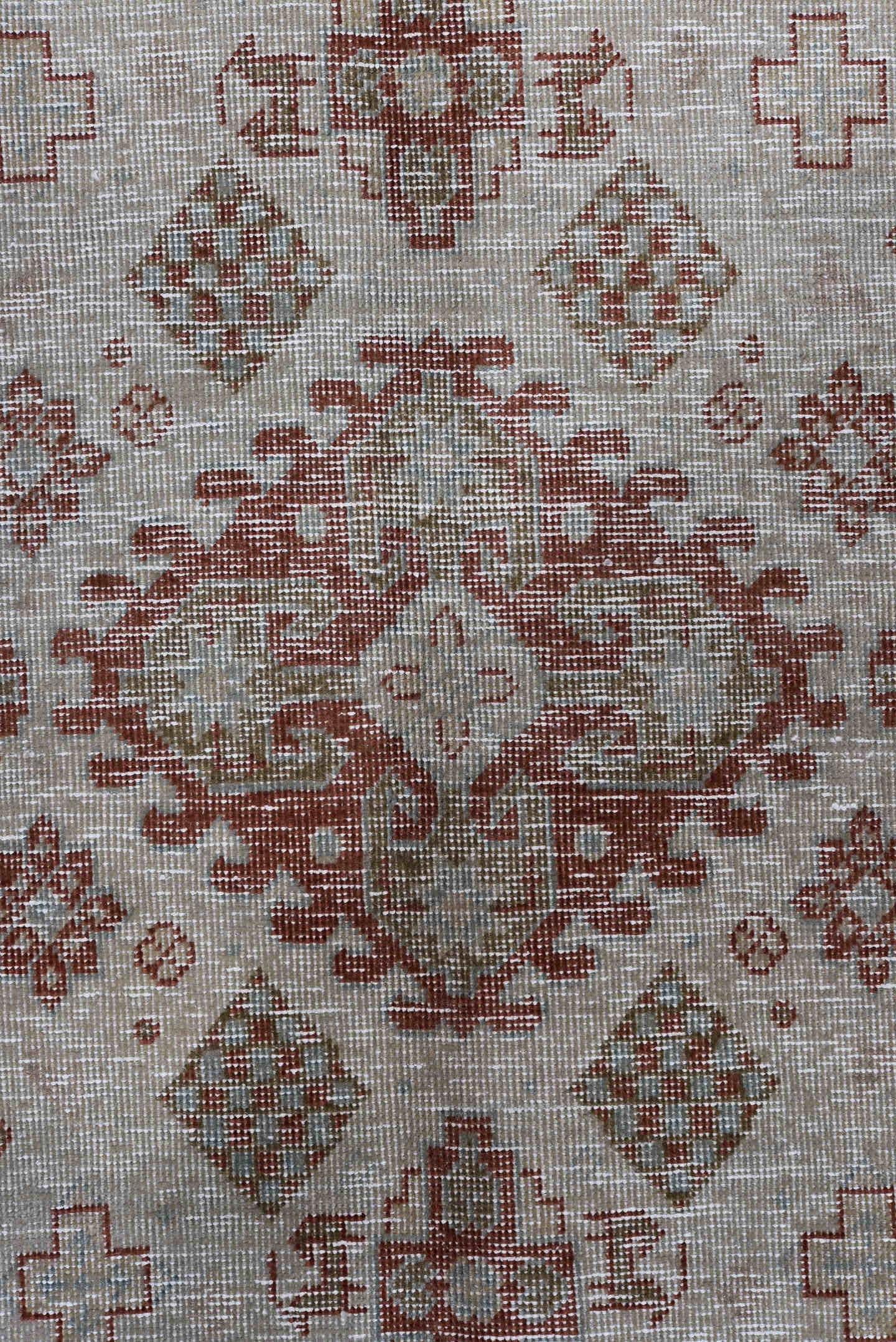 10' x 12' one-of-a-kind handmade antique Veece large size rug. Color palette: terra cotta, ivory, pale blue, taupe, rust