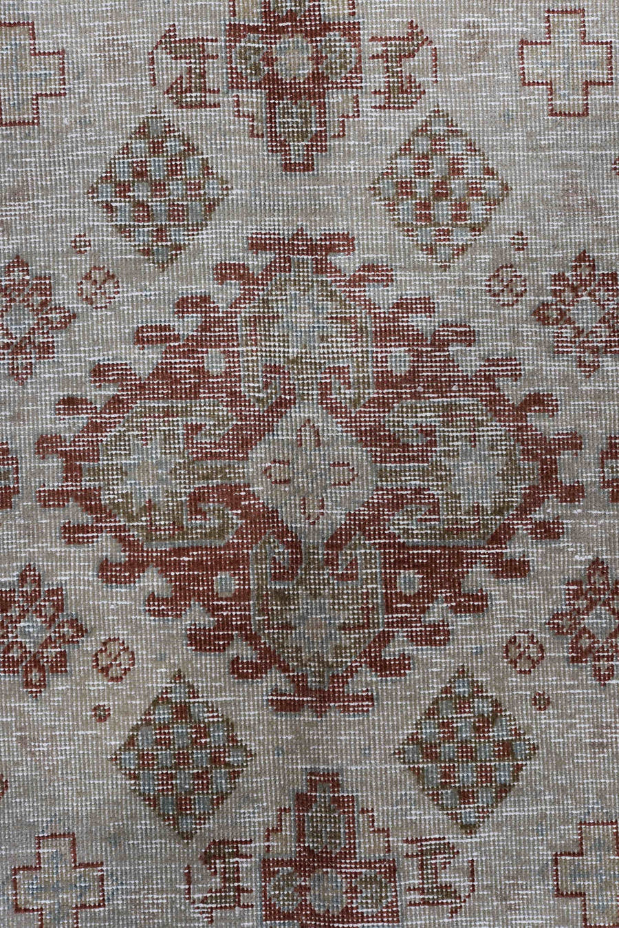 10' x 12' one-of-a-kind handmade antique Veece large size rug. Color palette: terra cotta, ivory, pale blue, taupe, rust