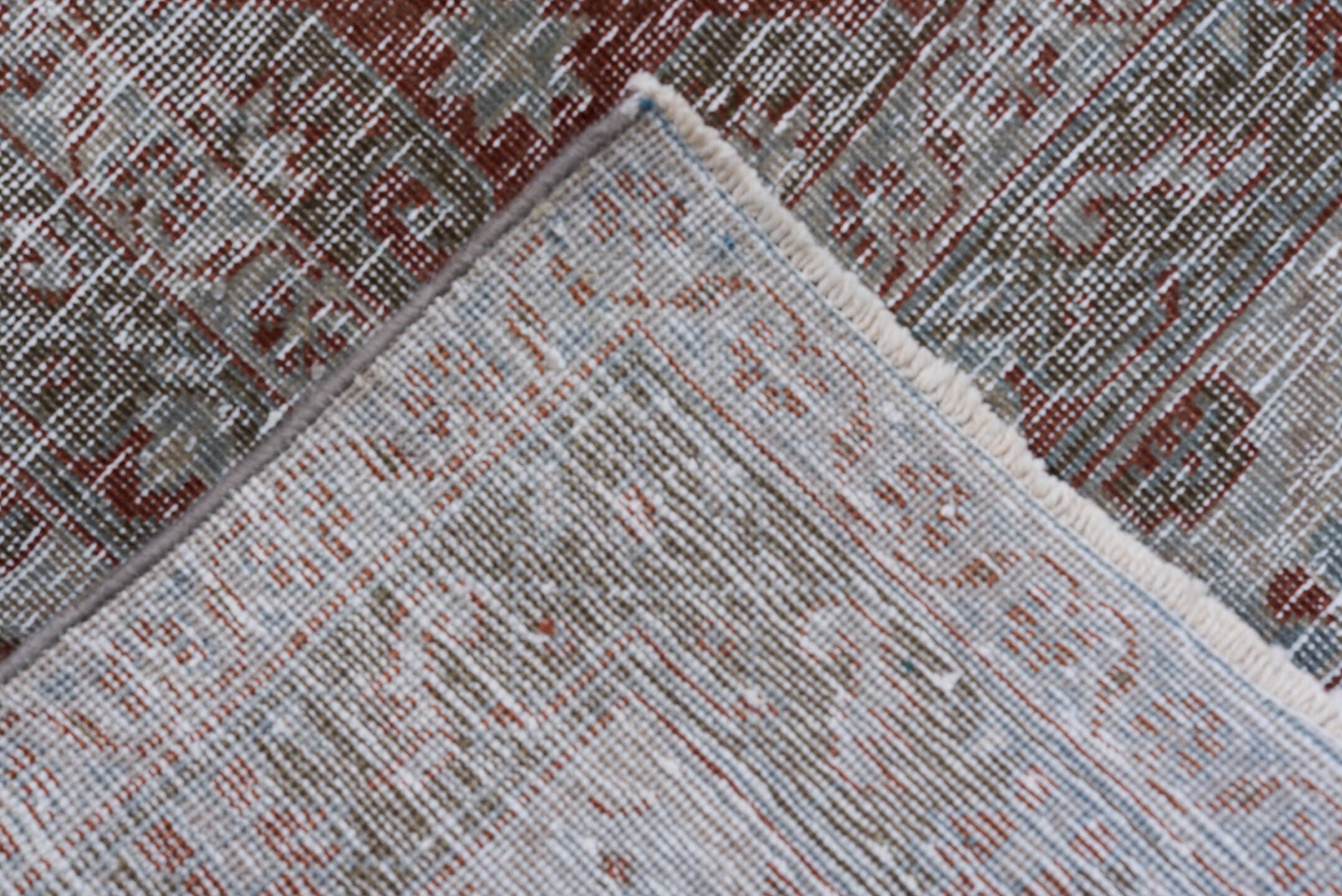 10' x 12' one-of-a-kind handmade antique Veece large size rug. Color palette: terra cotta, ivory, pale blue, taupe, rust