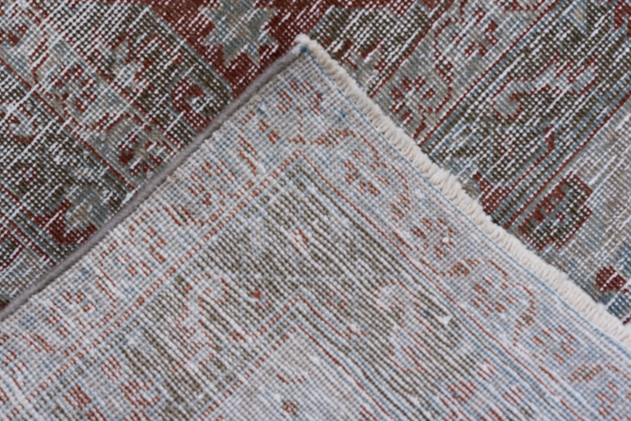 10' x 12' one-of-a-kind handmade antique Veece large size rug. Color palette: terra cotta, ivory, pale blue, taupe, rust
