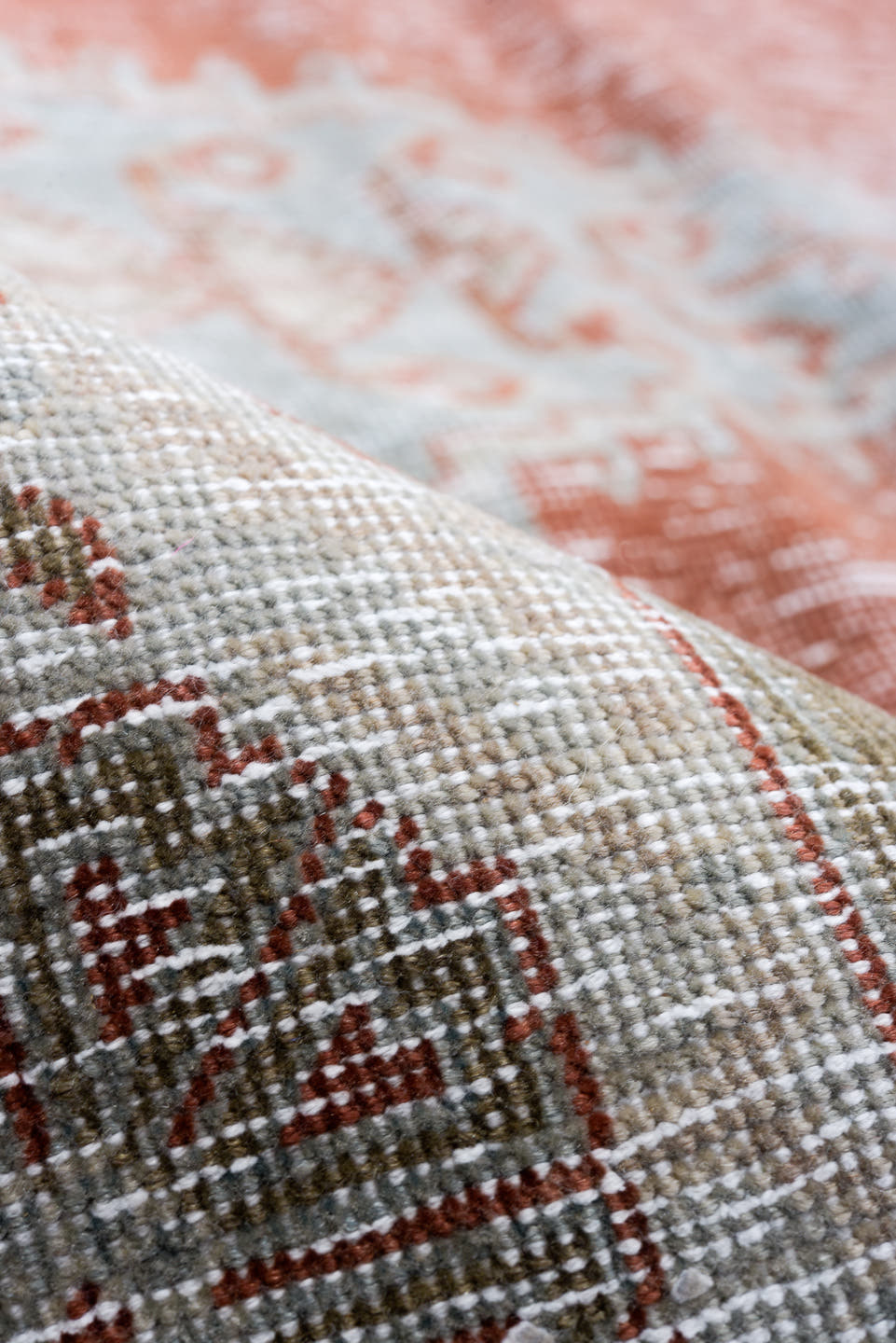 10' x 12' one-of-a-kind handmade antique Veece large size rug. Color palette: terra cotta, ivory, pale blue, taupe, rust