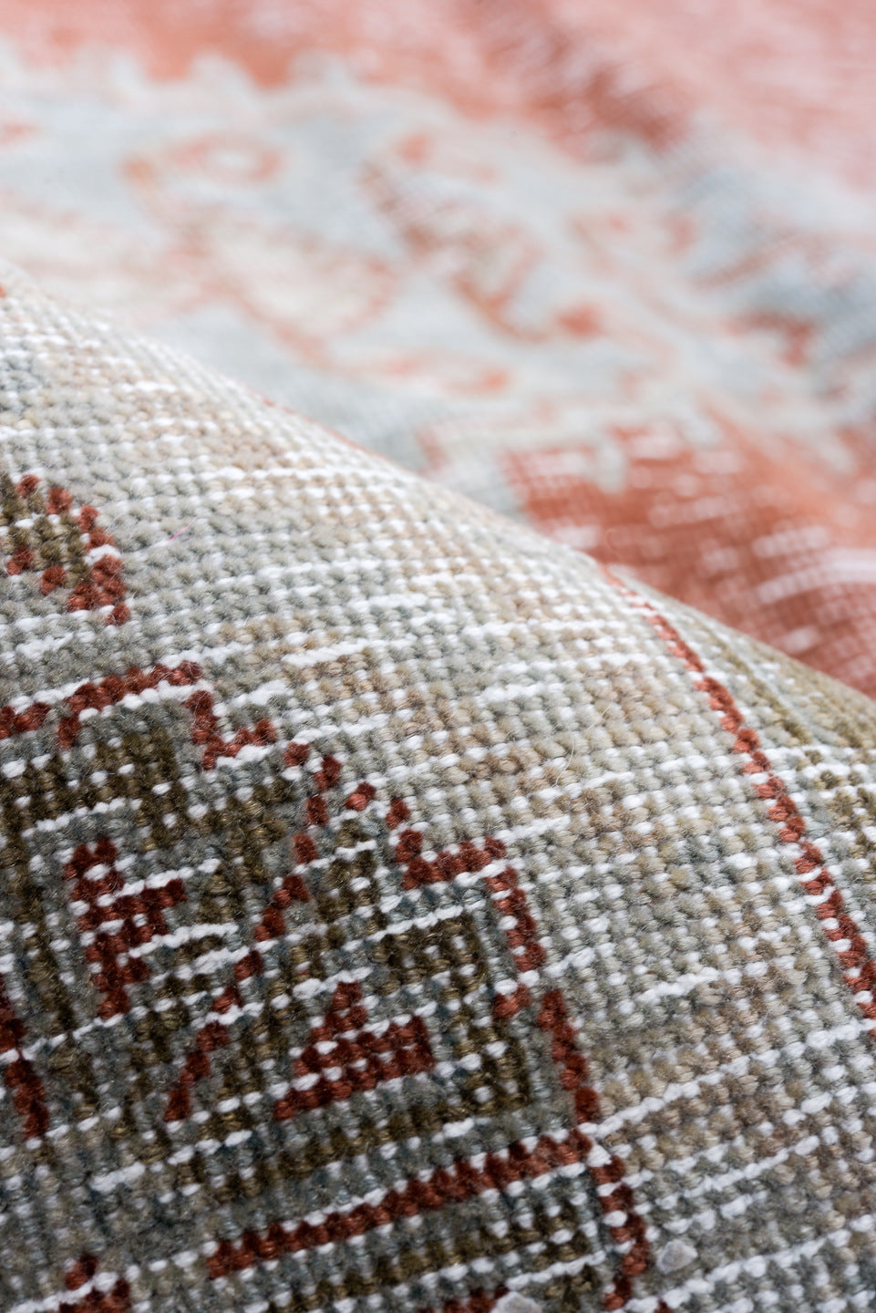 10' x 12' one-of-a-kind handmade antique Veece large size rug. Color palette: terra cotta, ivory, pale blue, taupe, rust