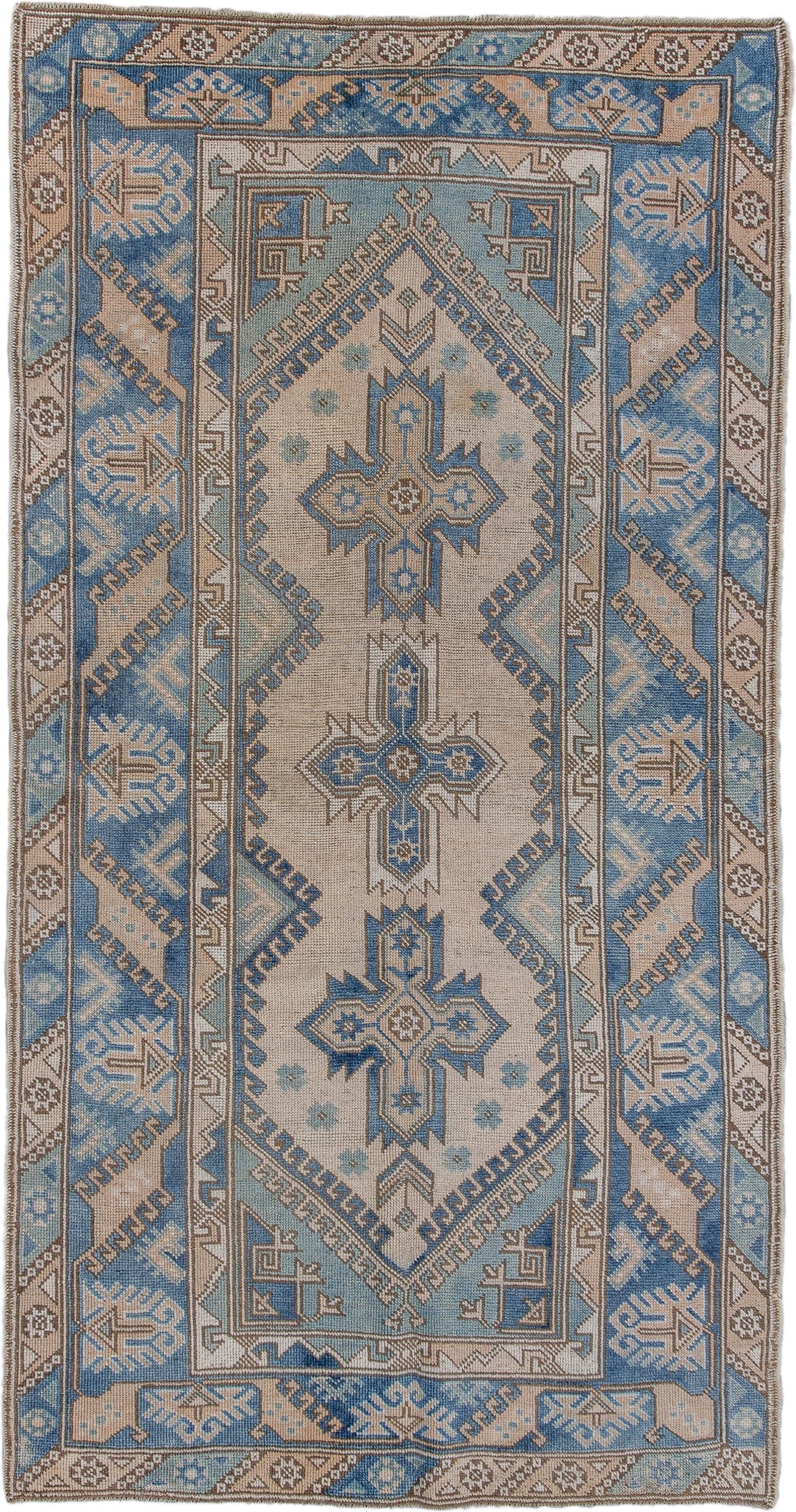 4' x 7' one-of-a-kind handmade vintage Oushak rug. Color palette: ivory, sky blue, taupe, beige, slate blue, camel