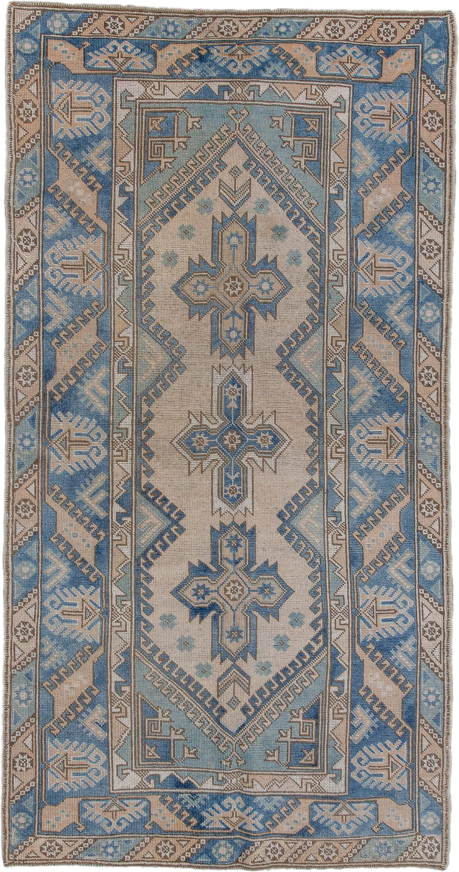 4' x 7' one-of-a-kind handmade vintage Oushak rug. Color palette: ivory, sky blue, taupe, beige, slate blue, camel