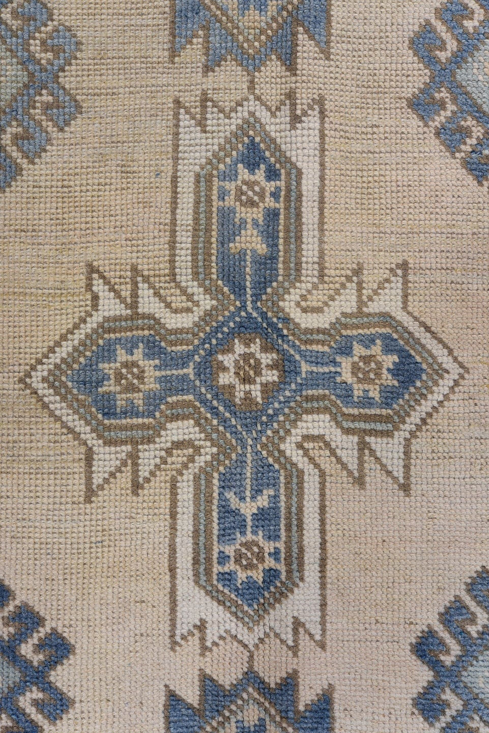 4' x 7' one-of-a-kind handmade vintage Oushak rug. Color palette: ivory, sky blue, taupe, beige, slate blue, camel