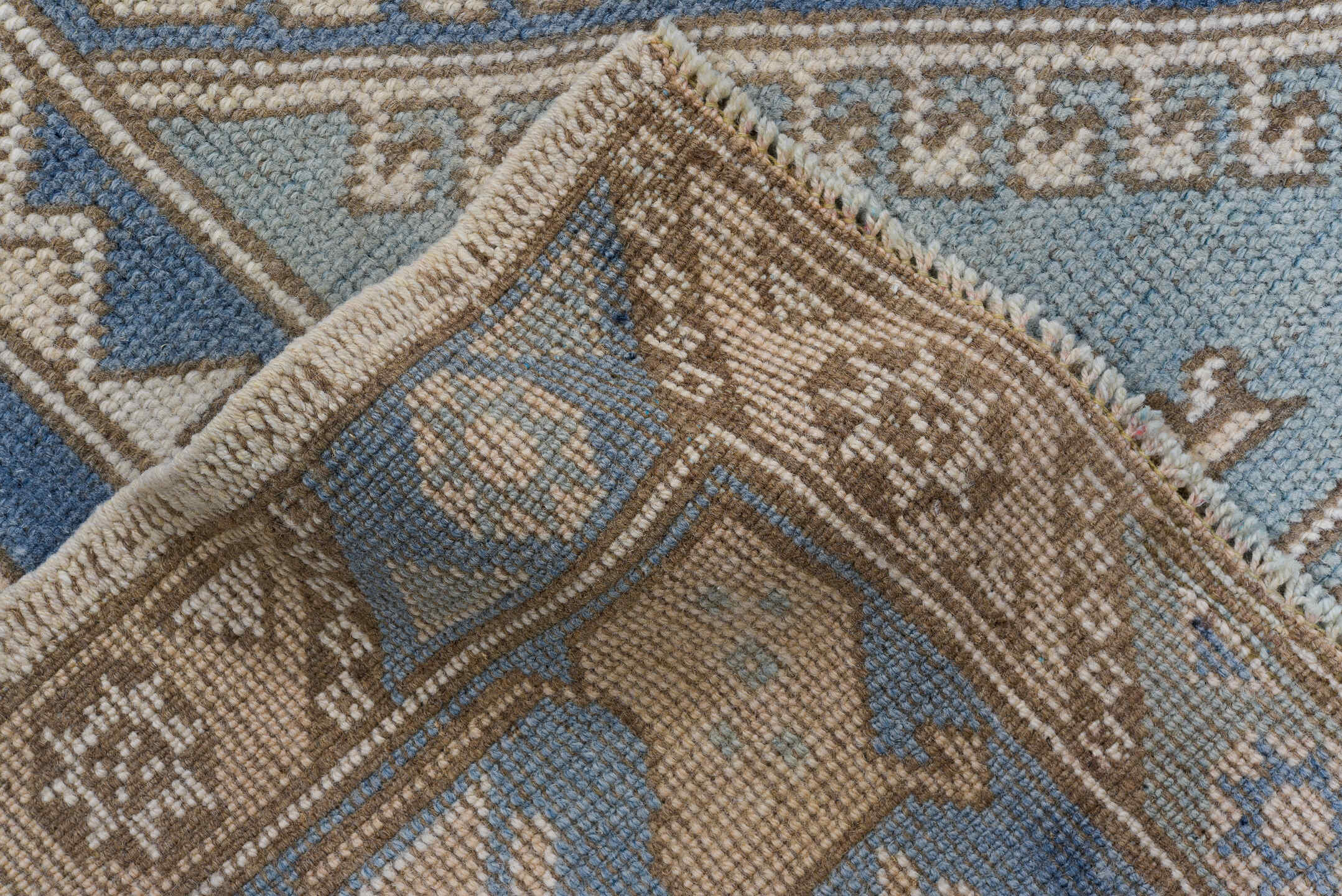 4' x 7' one-of-a-kind handmade vintage Oushak rug. Color palette: ivory, sky blue, taupe, beige, slate blue, camel