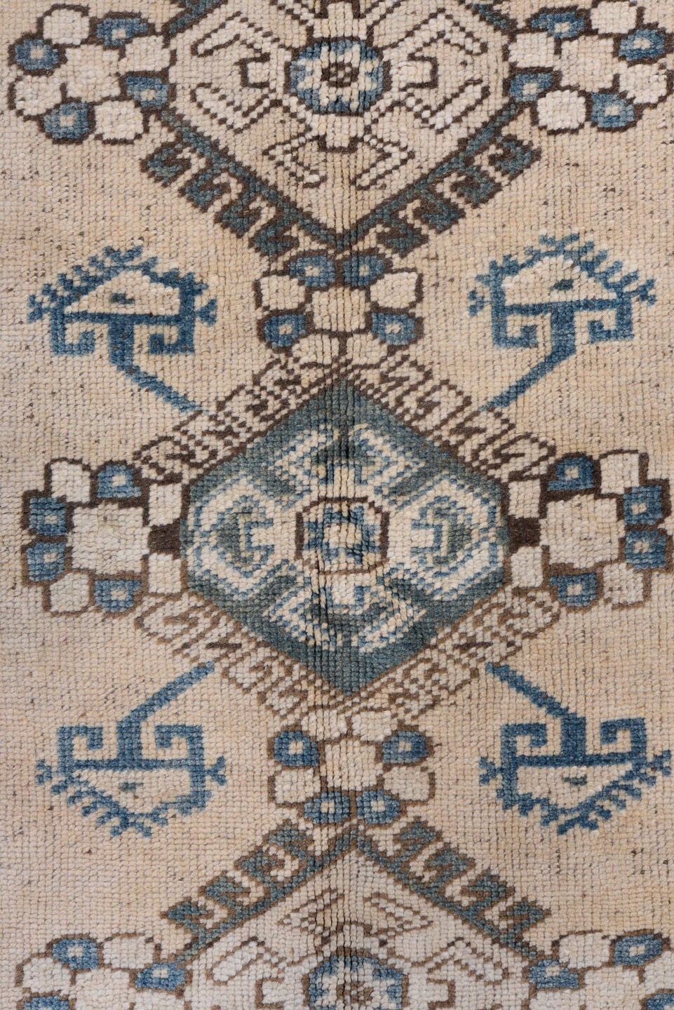 4' x 5' one-of-a-kind handmade vintage Oushak small size rug. Color palette: ivory, sky blue, taupe, brown, pale blue