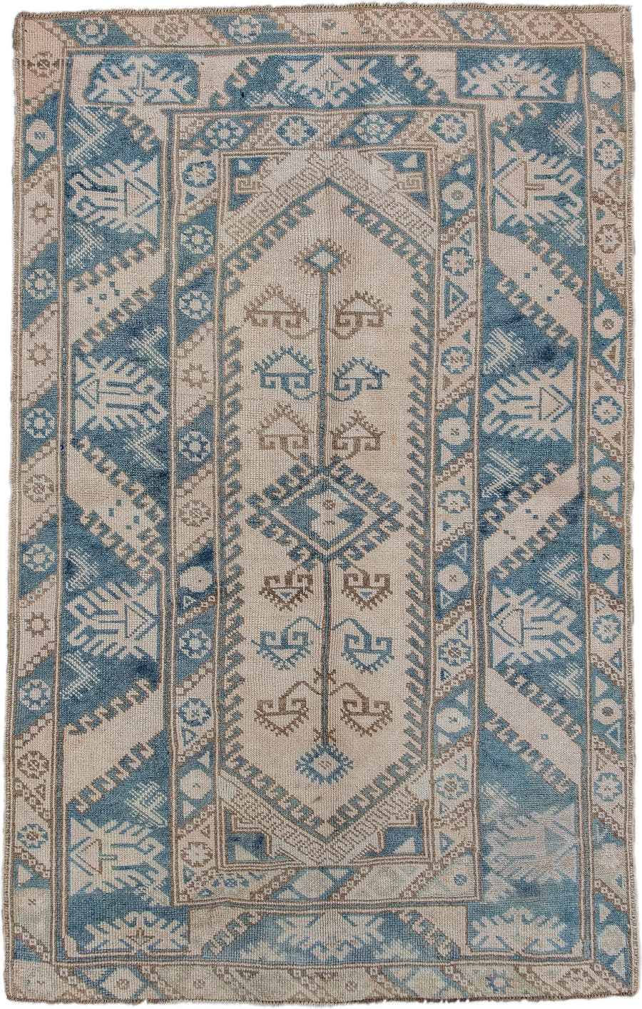 3' x 6' one-of-a-kind handmade vintage Oushak small size rug. Color palette: ivory, sky blue, taupe, beige, camel