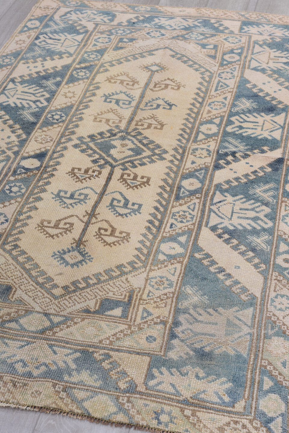 3' x 6' one-of-a-kind handmade vintage Oushak small size rug. Color palette: ivory, sky blue, taupe, beige, camel
