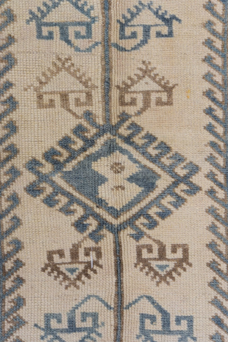 3' x 6' one-of-a-kind handmade vintage Oushak small size rug. Color palette: ivory, sky blue, taupe, beige, camel