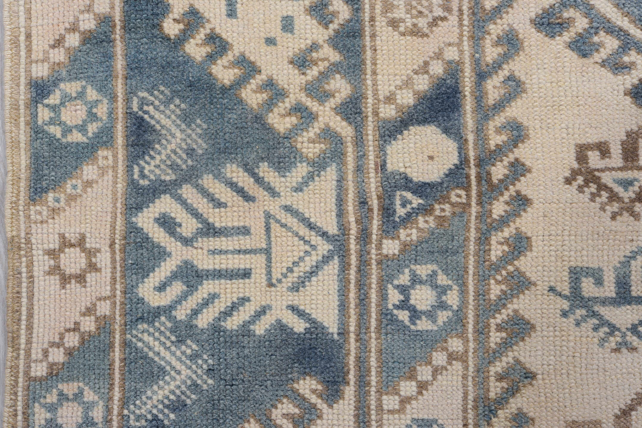 3' x 6' one-of-a-kind handmade vintage Oushak small size rug. Color palette: ivory, sky blue, taupe, beige, camel