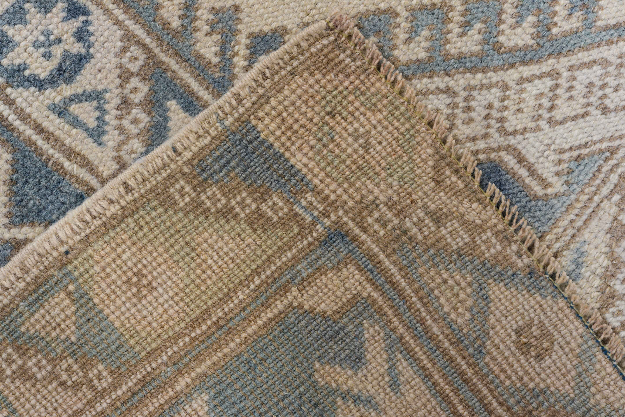 3' x 6' one-of-a-kind handmade vintage Oushak small size rug. Color palette: ivory, sky blue, taupe, beige, camel