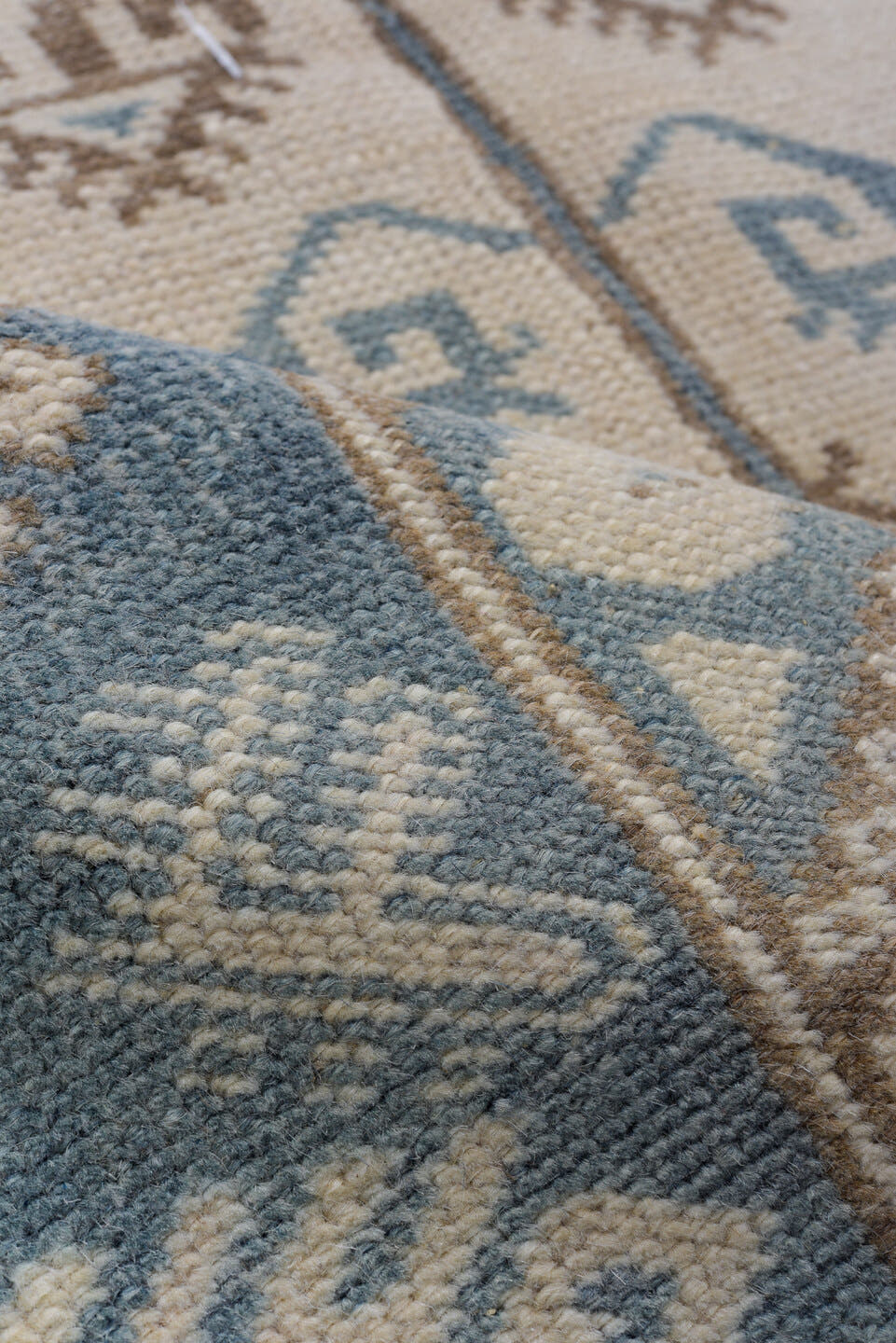 3' x 6' one-of-a-kind handmade vintage Oushak small size rug. Color palette: ivory, sky blue, taupe, beige, camel