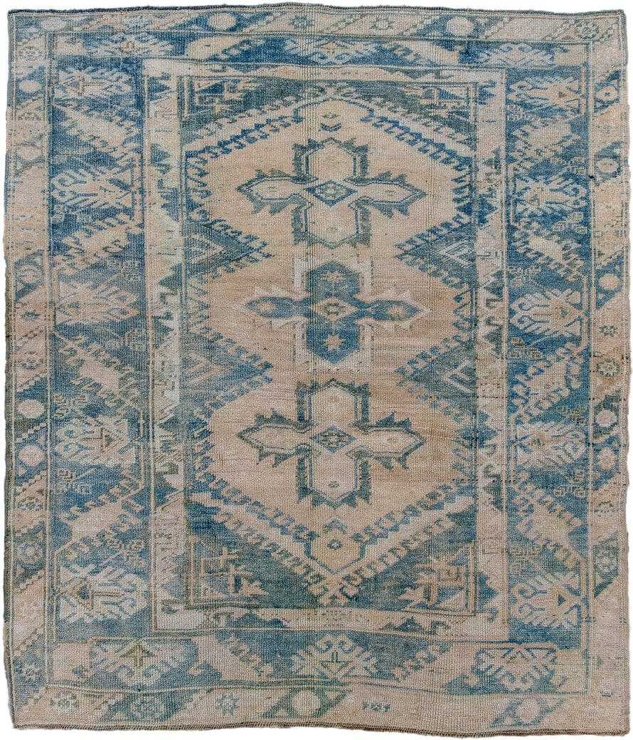 4' x 5' one-of-a-kind handmade antique Oushak small size rug. Color palette: ivory, blue, beige, taupe, slate, gray