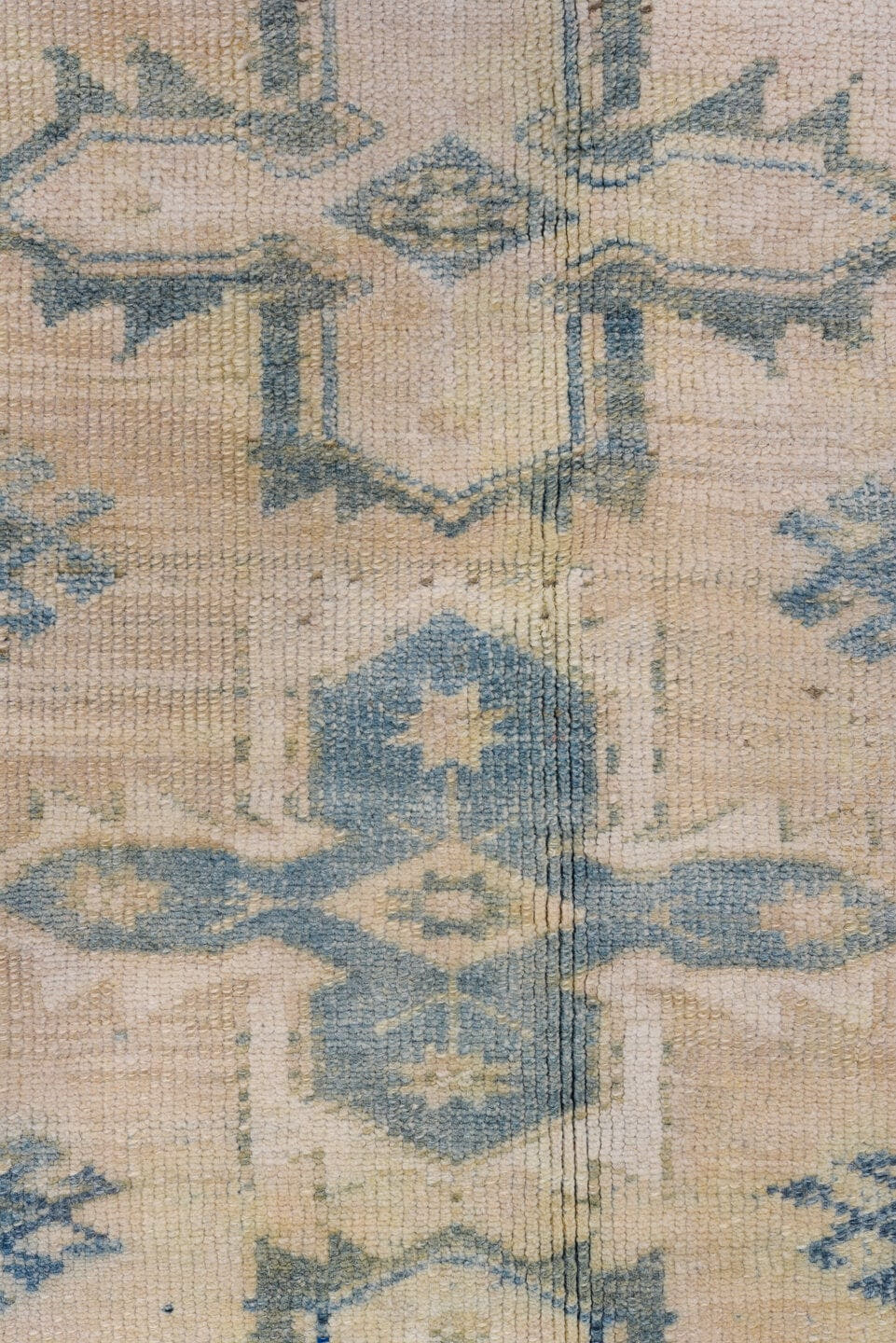 4' x 5' one-of-a-kind handmade antique Oushak small size rug. Color palette: ivory, blue, beige, taupe, slate, gray