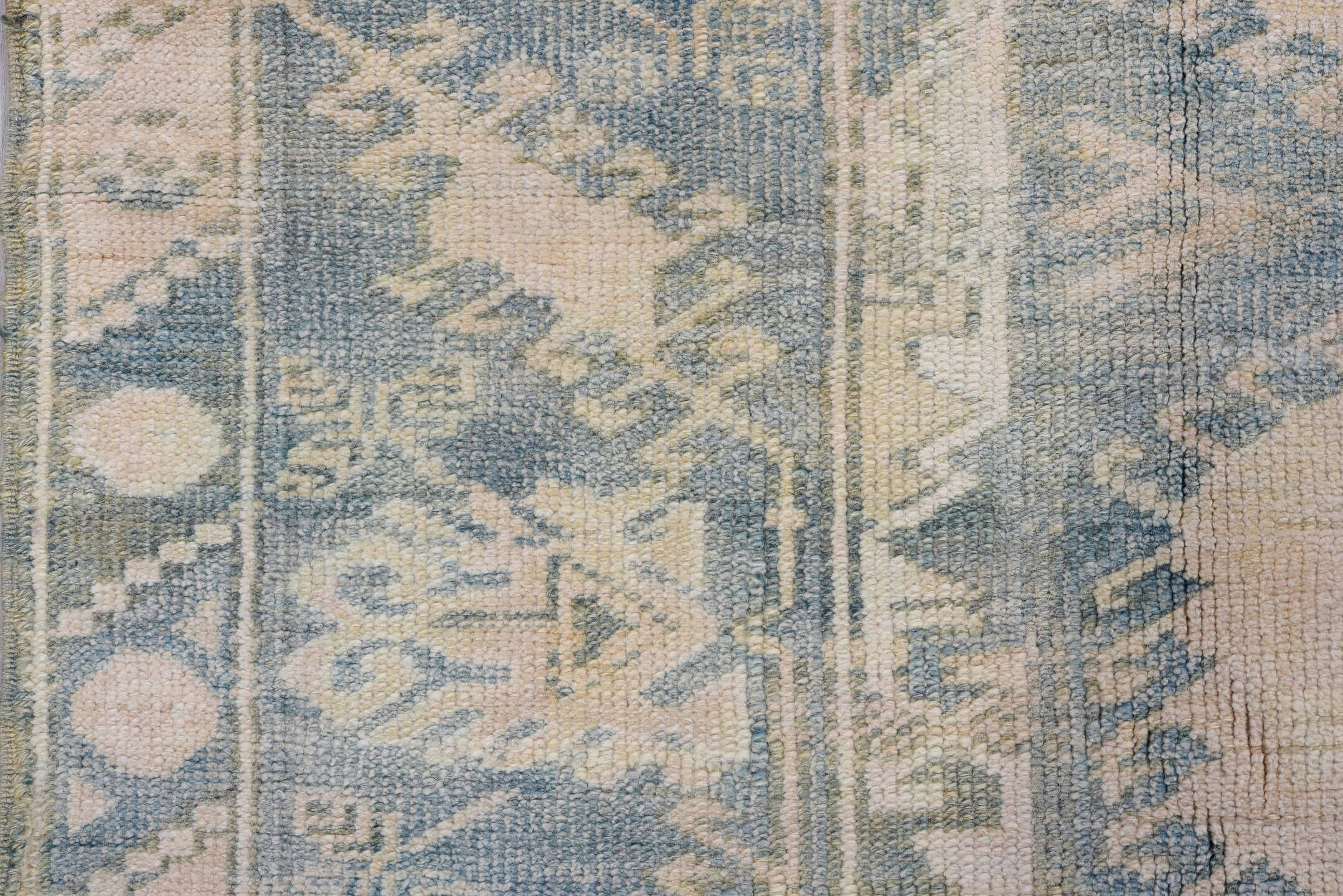 4' x 5' one-of-a-kind handmade antique Oushak small size rug. Color palette: ivory, blue, beige, taupe, slate, gray