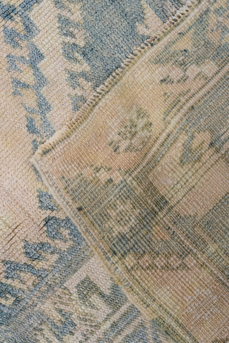 4' x 5' one-of-a-kind handmade antique Oushak small size rug. Color palette: ivory, blue, beige, taupe, slate, gray