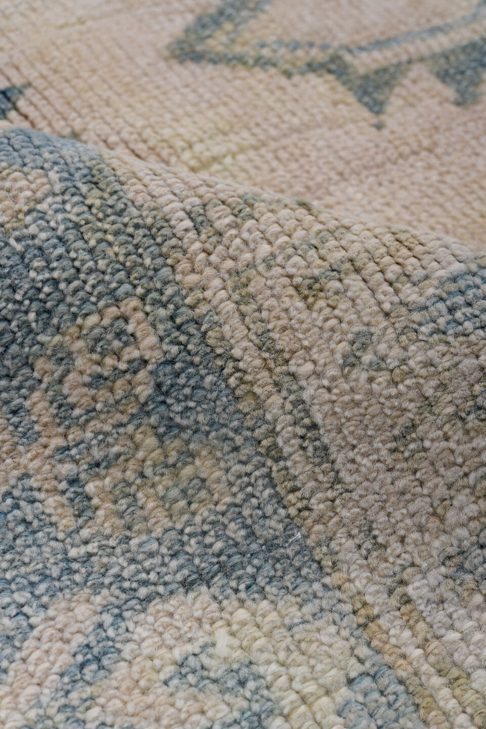 4' x 5' one-of-a-kind handmade antique Oushak small size rug. Color palette: ivory, blue, beige, taupe, slate, gray