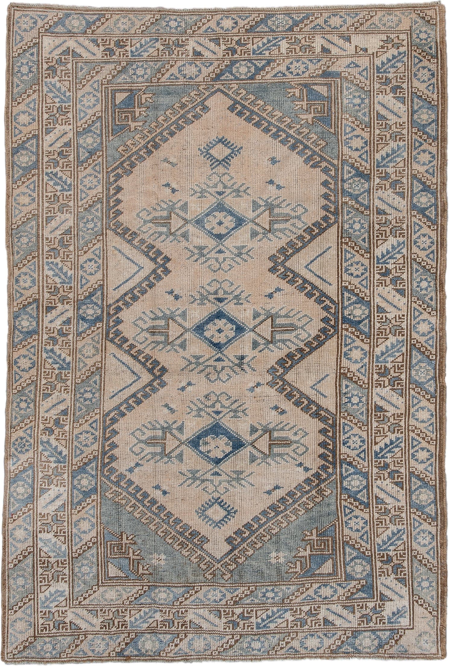 3' x 5' one-of-a-kind handmade vintage Oushak small size rug. Color palette: ivory, powder_blue, taupe, beige, camel