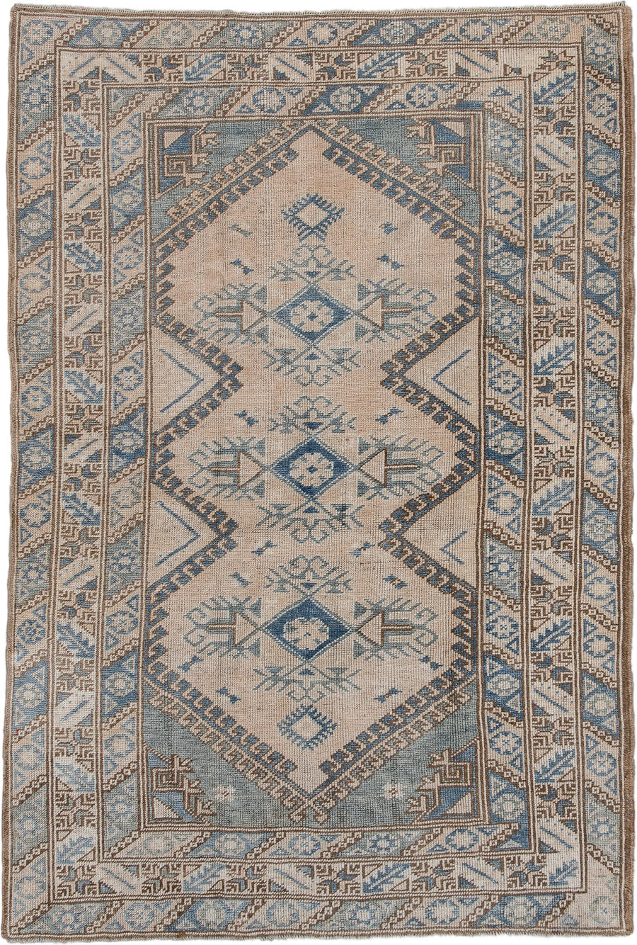 3' x 5' one-of-a-kind handmade vintage Oushak small size rug. Color palette: ivory, powder_blue, taupe, beige, camel