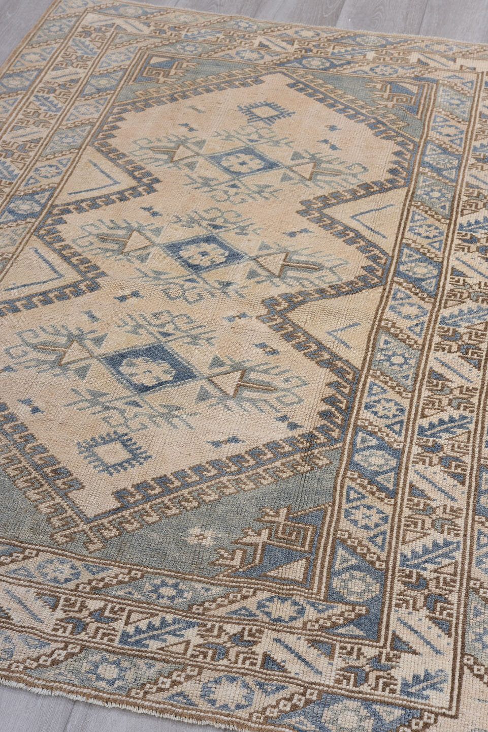 3' x 5' one-of-a-kind handmade vintage Oushak small size rug. Color palette: ivory, powder_blue, taupe, beige, camel