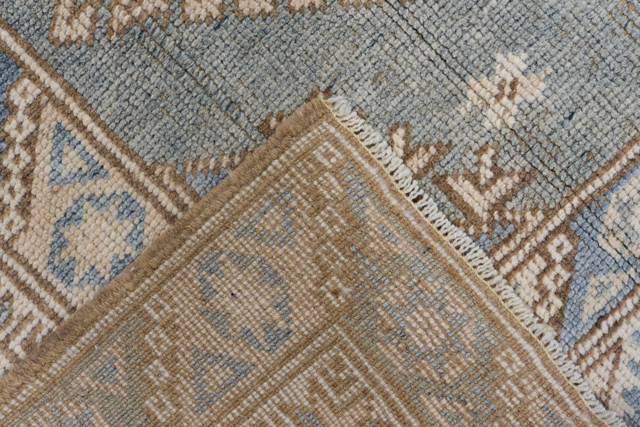 3' x 5' one-of-a-kind handmade vintage Oushak small size rug. Color palette: ivory, powder_blue, taupe, beige, camel