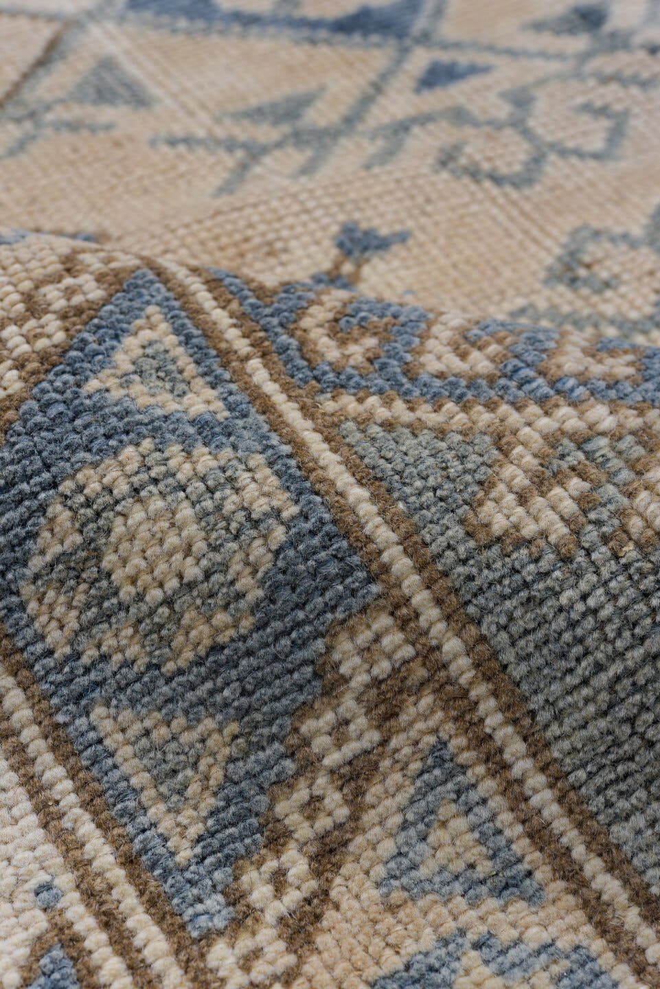 3' x 5' one-of-a-kind handmade vintage Oushak small size rug. Color palette: ivory, powder_blue, taupe, beige, camel