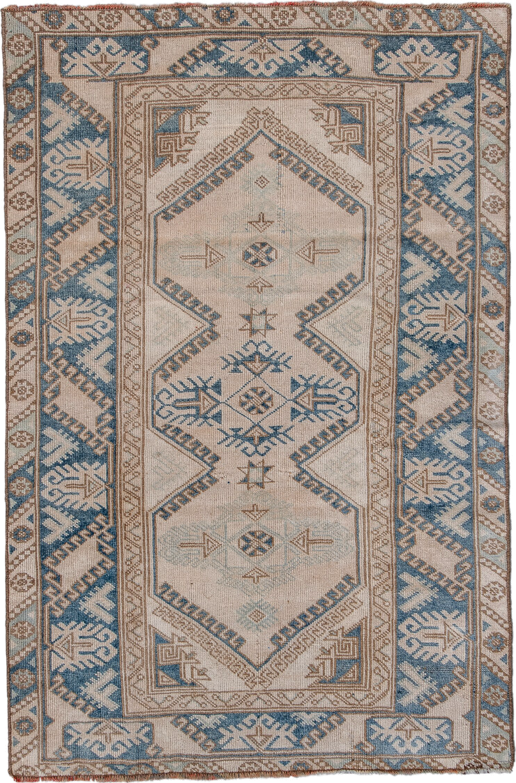 3' x 5' one-of-a-kind handmade vintage Oushak small size rug. Color palette: ivory, sky blue, taupe, beige, camel