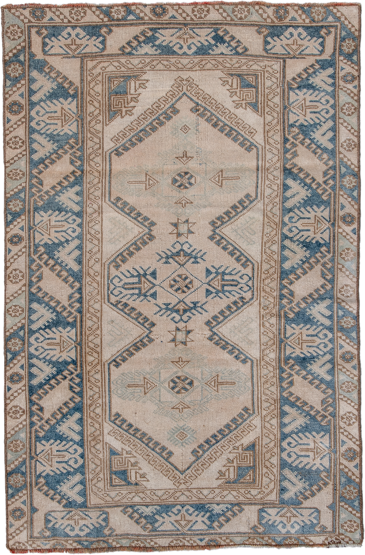 3' x 5' one-of-a-kind handmade vintage Oushak small size rug. Color palette: ivory, sky blue, taupe, beige, camel