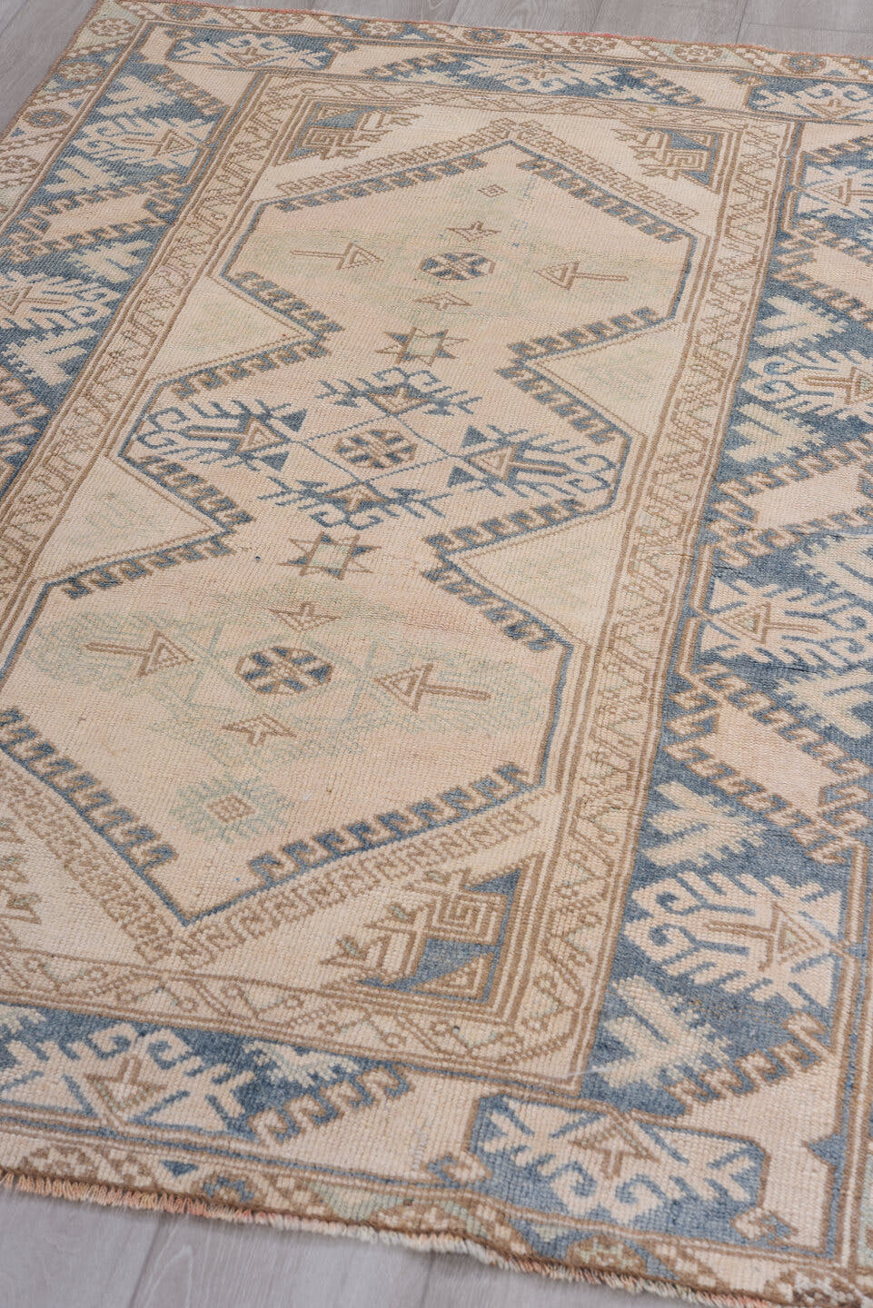 3' x 5' one-of-a-kind handmade vintage Oushak small size rug. Color palette: ivory, sky blue, taupe, beige, camel