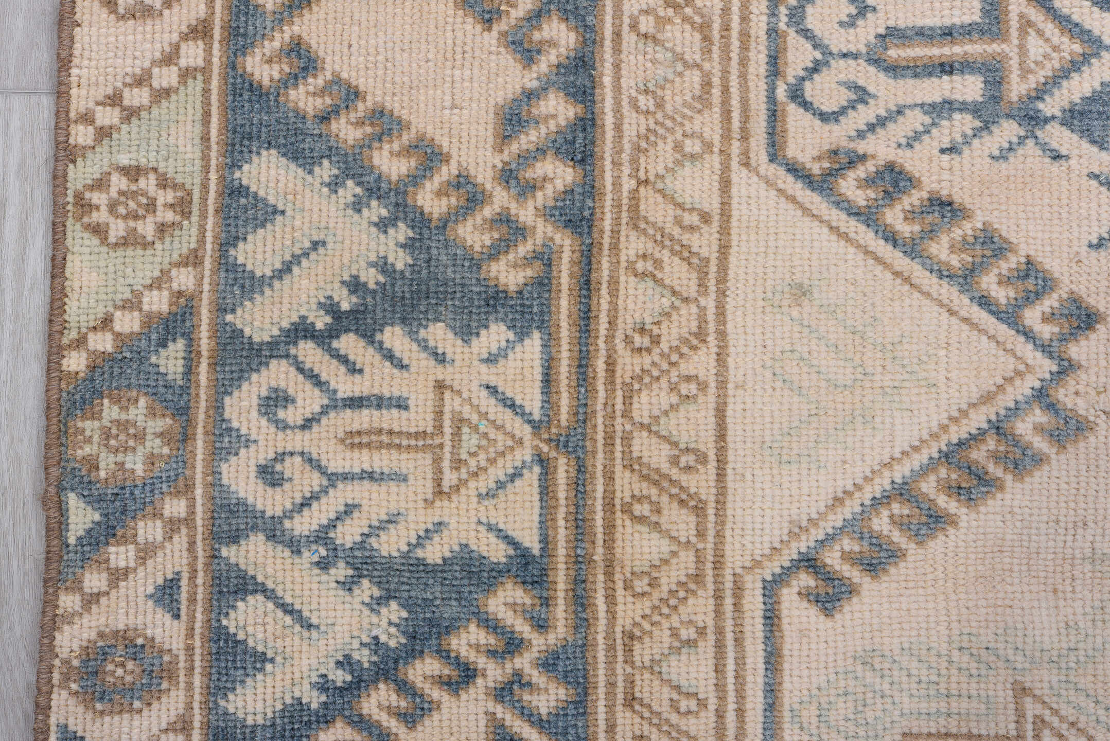 3' x 5' one-of-a-kind handmade vintage Oushak small size rug. Color palette: ivory, sky blue, taupe, beige, camel