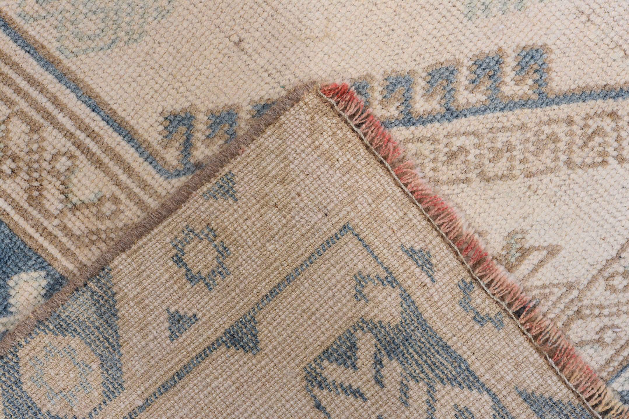 3' x 5' one-of-a-kind handmade vintage Oushak small size rug. Color palette: ivory, sky blue, taupe, beige, camel