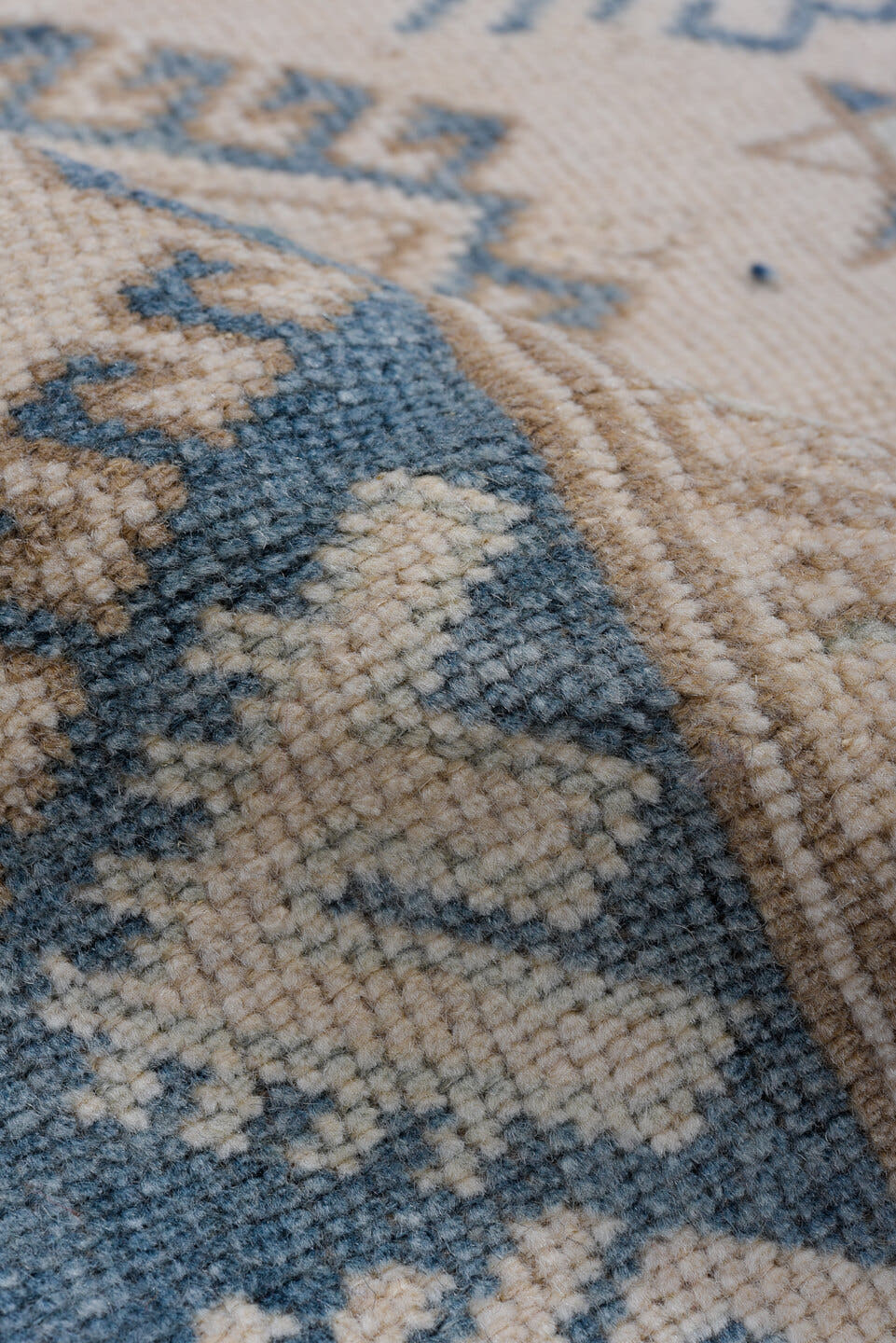 3' x 5' one-of-a-kind handmade vintage Oushak small size rug. Color palette: ivory, sky blue, taupe, beige, camel