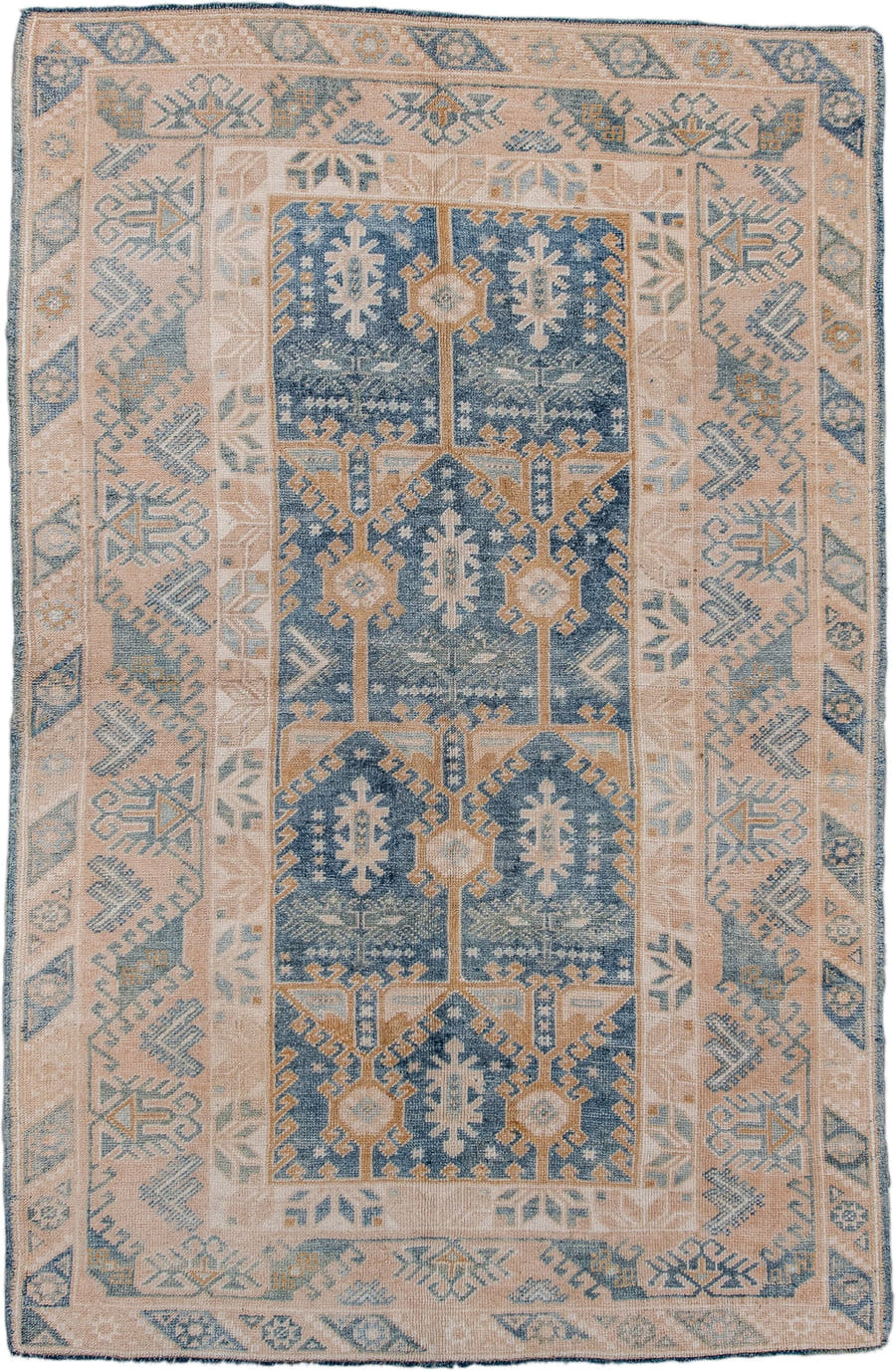 4' x 6' one-of-a-kind handmade vintage Oushak small size rug. Color palette: powder blue, blush, ivory, beige, taupe, camel