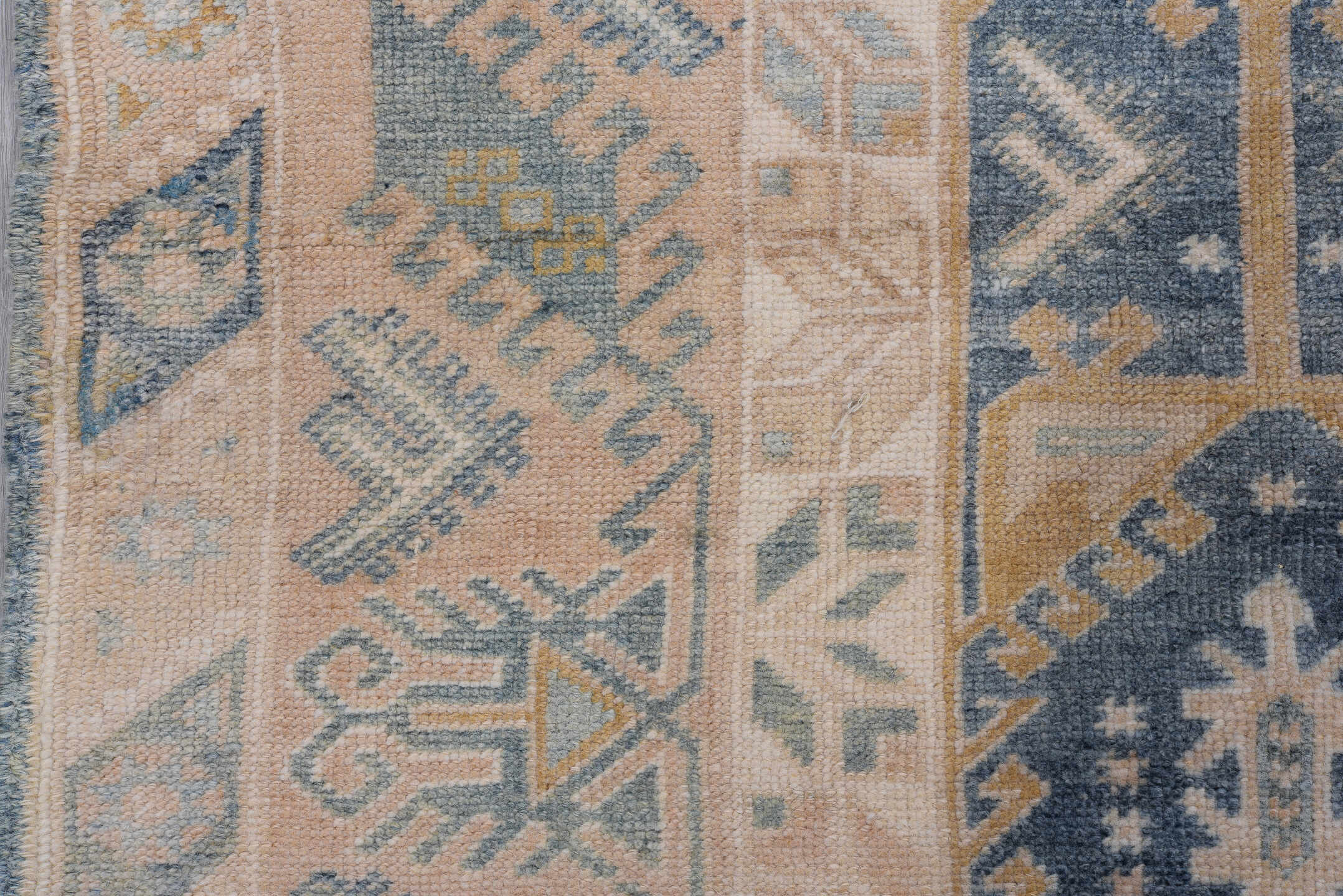 4' x 6' one-of-a-kind handmade vintage Oushak small size rug. Color palette: powder blue, blush, ivory, beige, taupe, camel