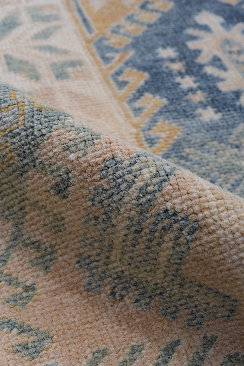 4' x 6' one-of-a-kind handmade vintage Oushak small size rug. Color palette: powder blue, blush, ivory, beige, taupe, camel
