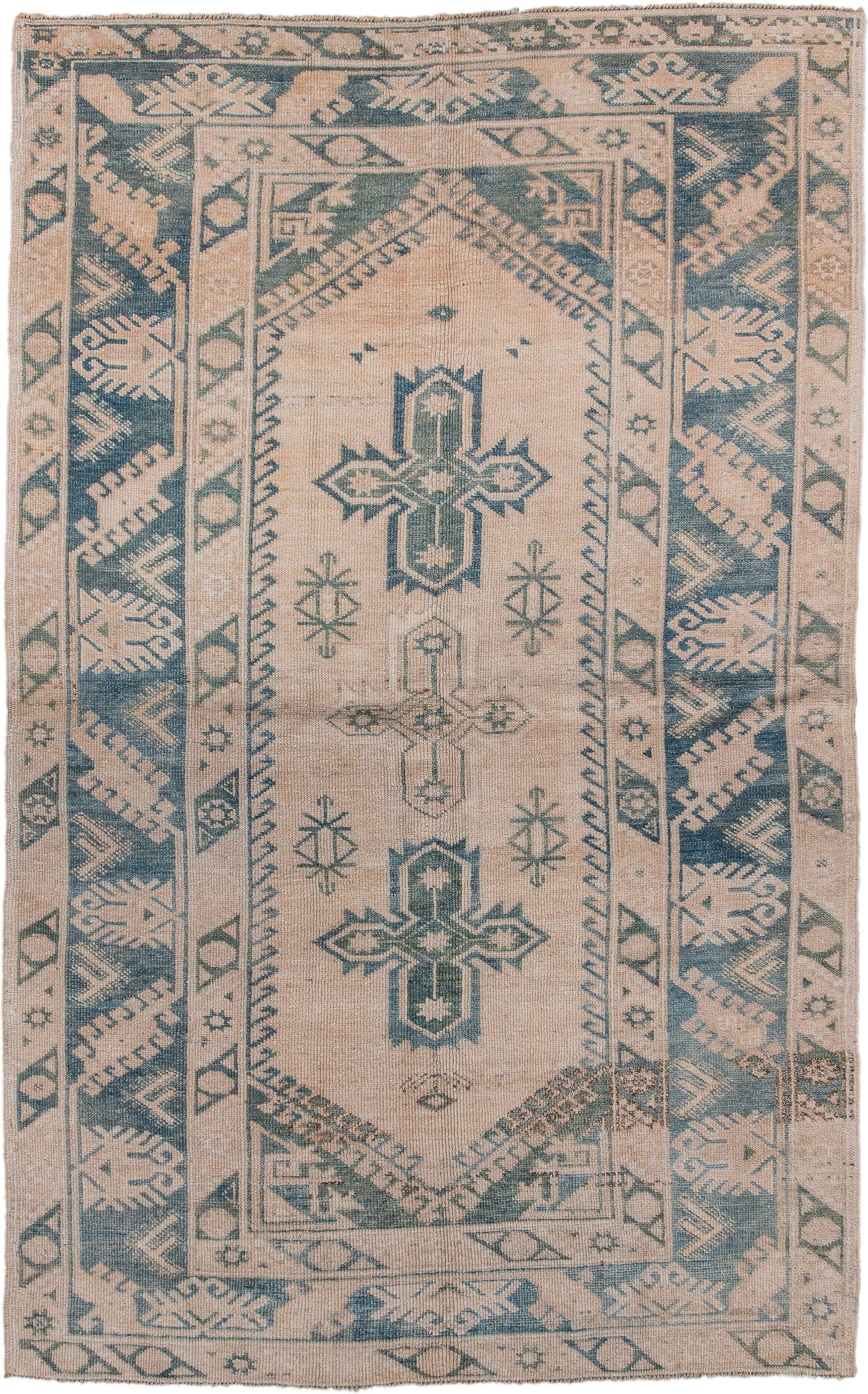 4' x 7' one-of-a-kind handmade antique Oushak rug. Color palette: beige, slate, taupe, ivory, gray
